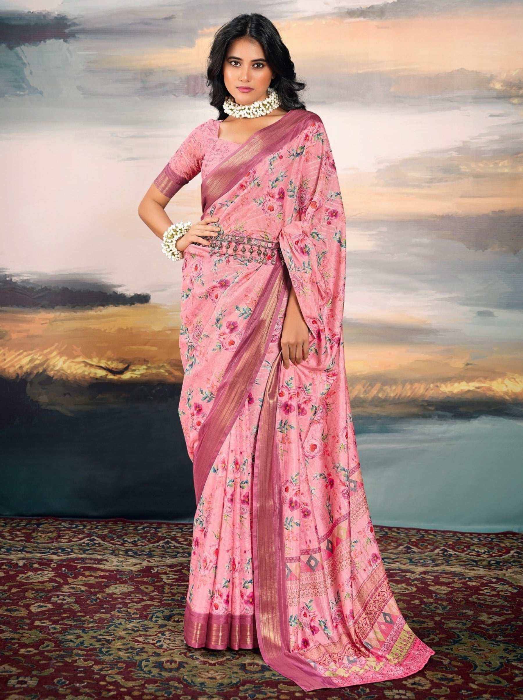 Creamy Pink Organza Festive Saree - TrendOye