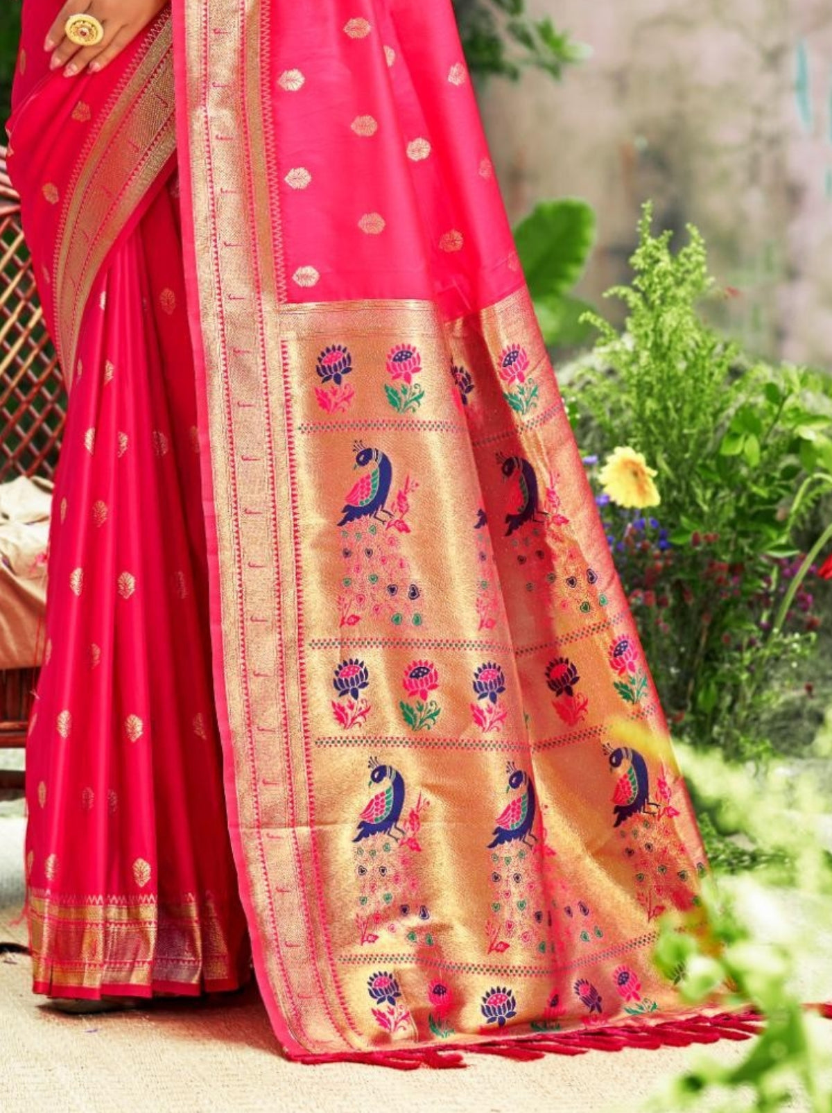 Ruby Pink Designer Paithani Silk Saree with Tassels