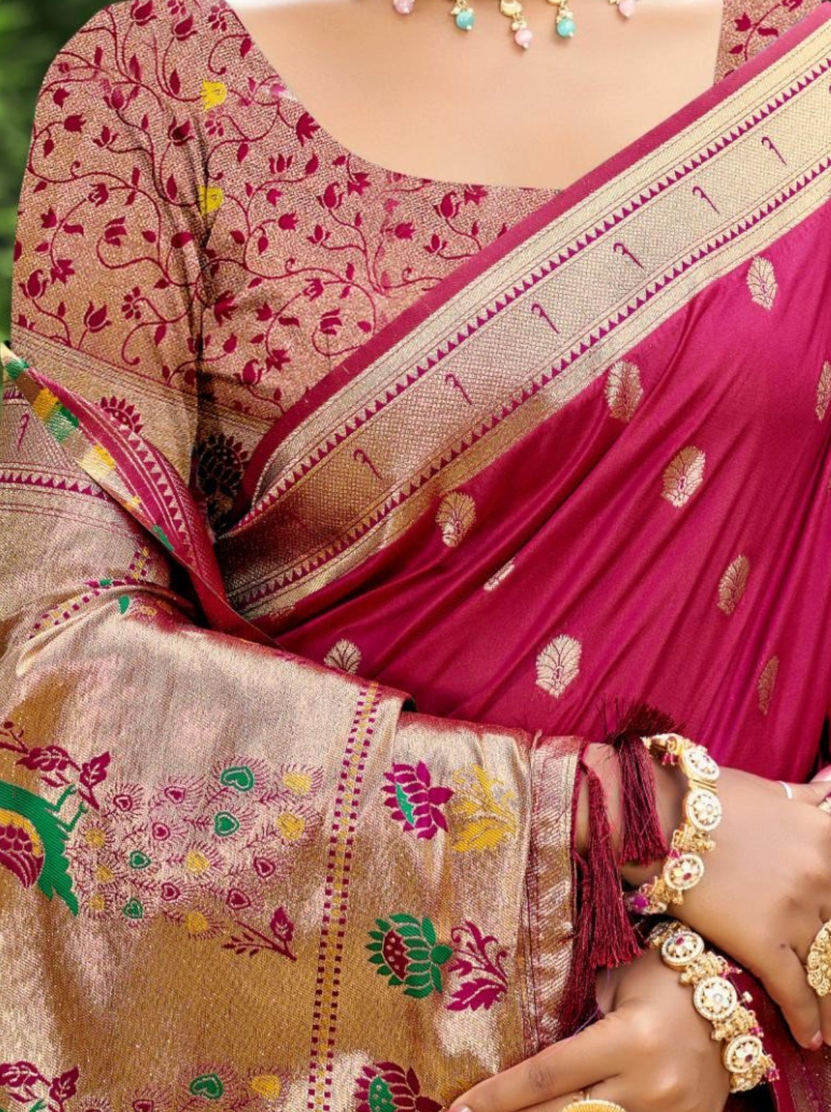 Deep Pink Designer Paithani Silk Saree with Tassels