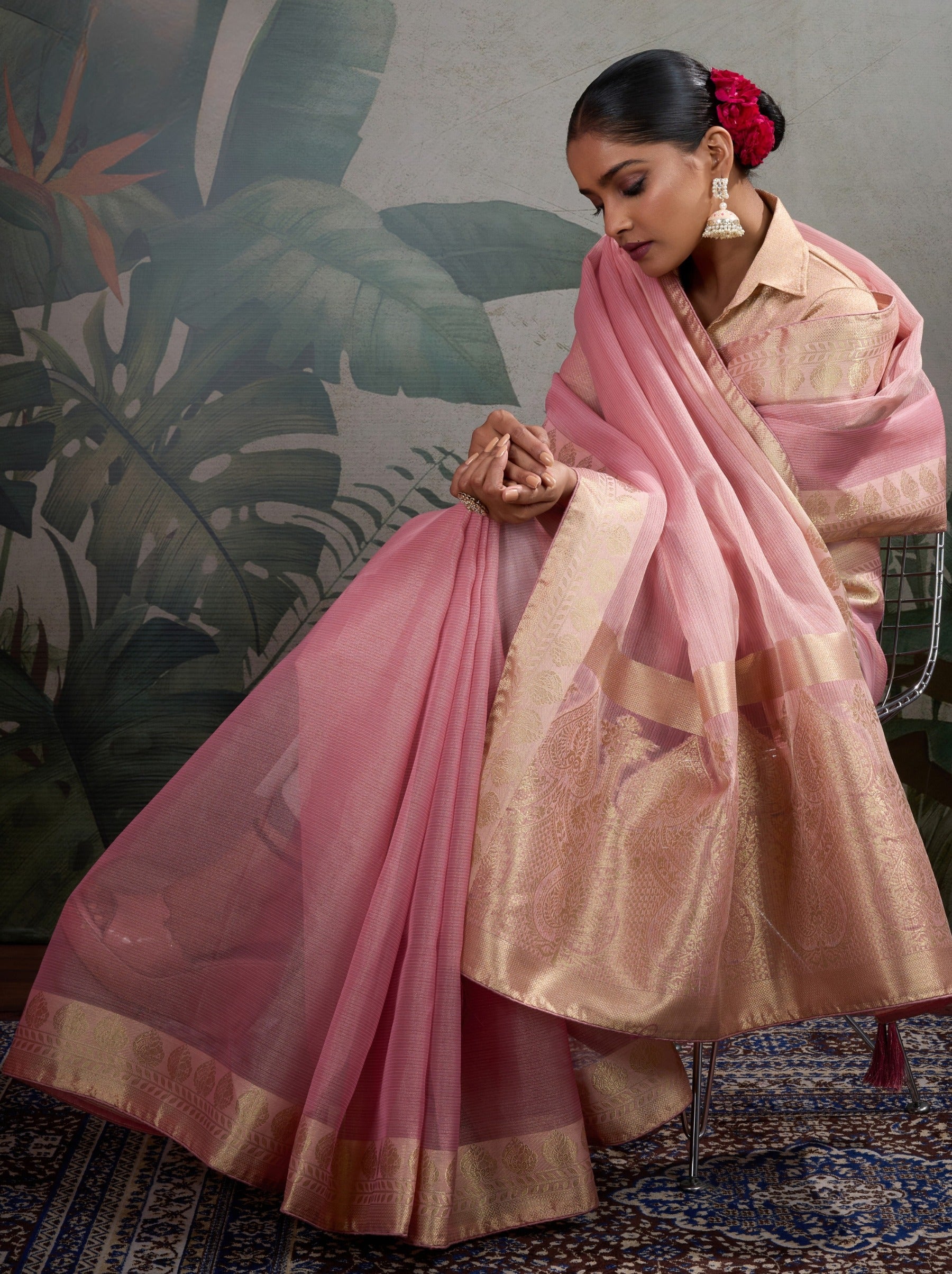 Taffy Pink Fancy Tissue Silk Saree With Blouse Piece - TrendOye