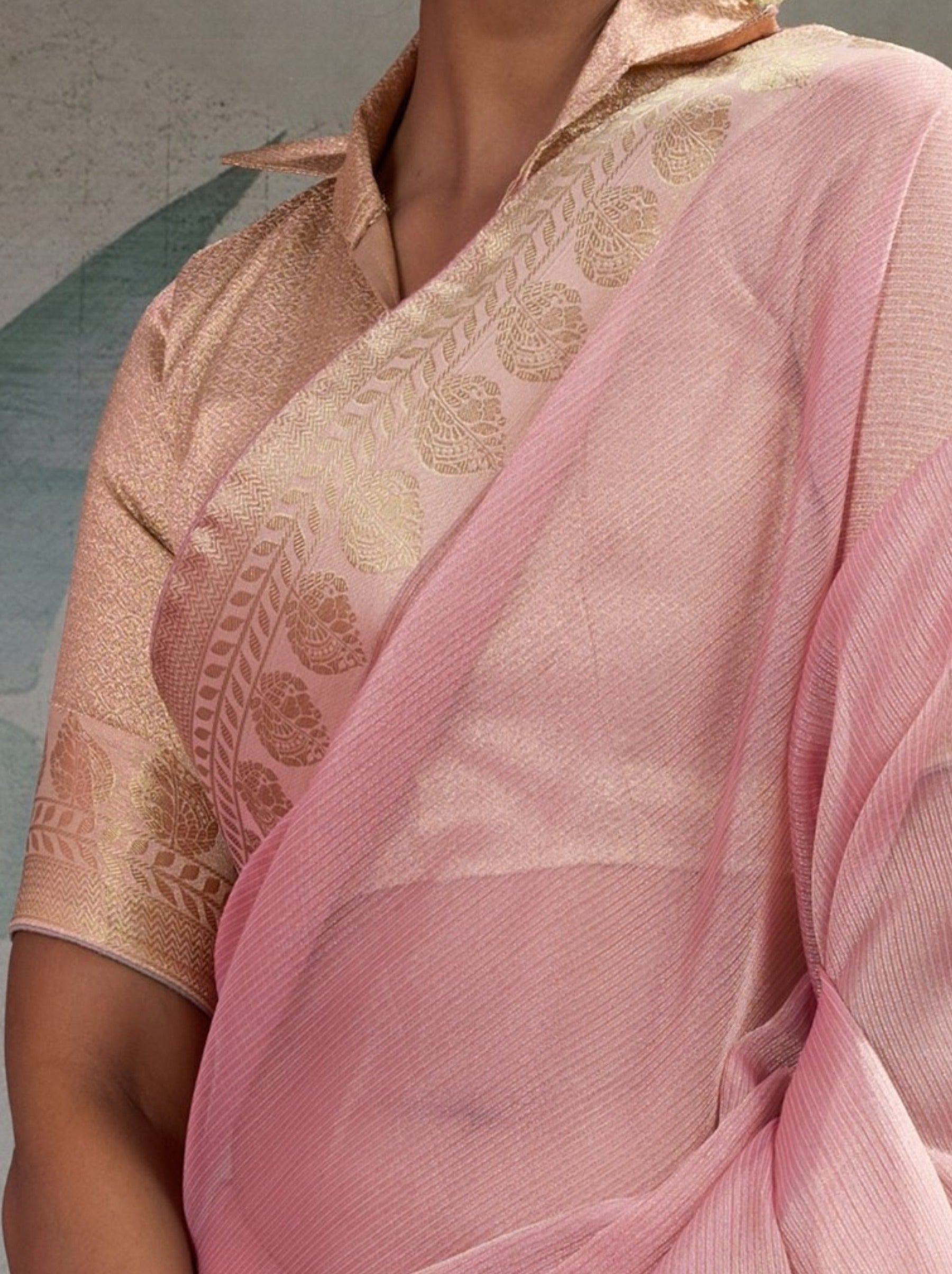 Taffy Pink Fancy Tissue Silk Saree With Blouse Piece - TrendOye