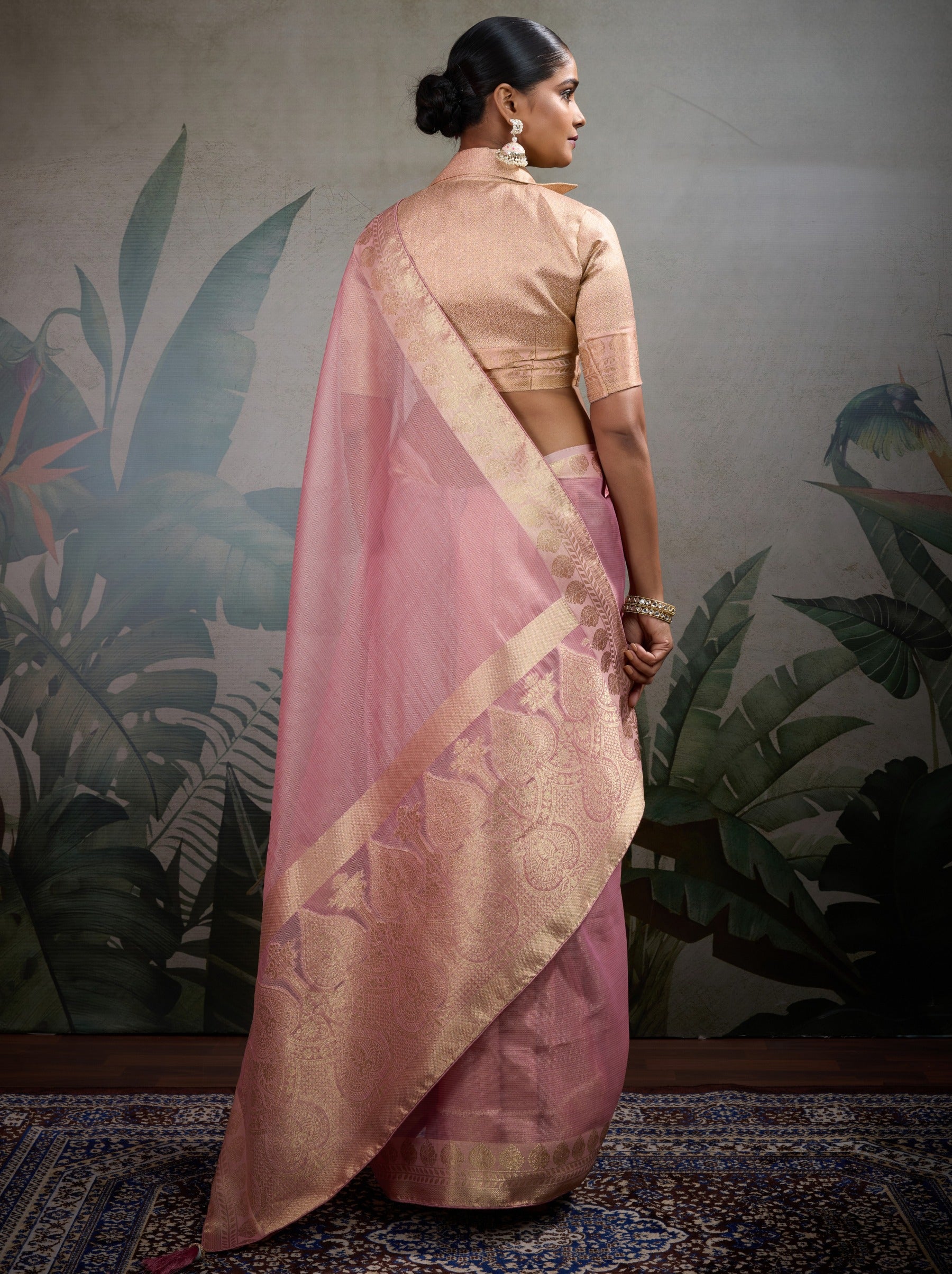 Taffy Pink Fancy Tissue Silk Saree With Blouse Piece - TrendOye