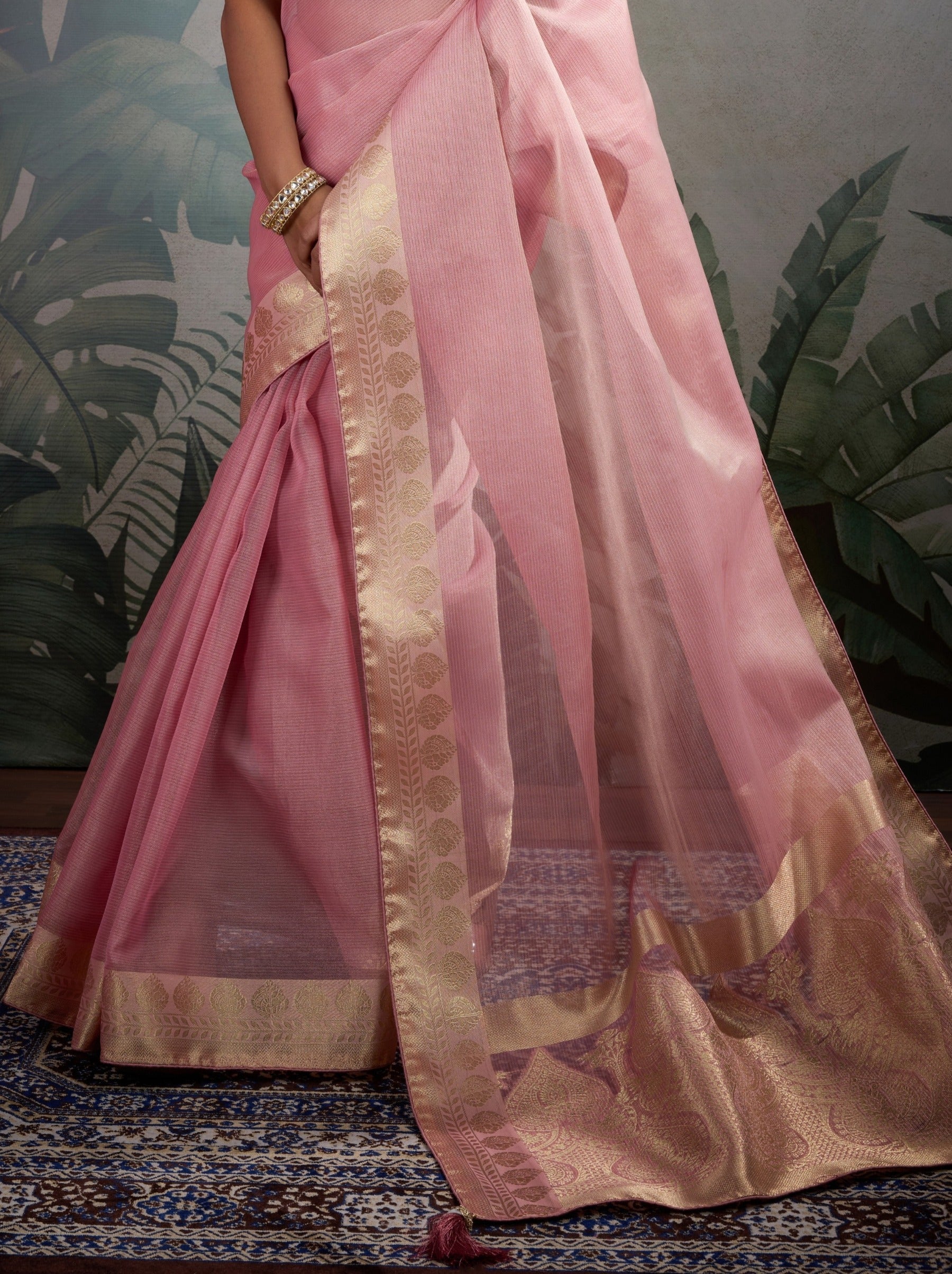 Taffy Pink Fancy Tissue Silk Saree With Blouse Piece - TrendOye