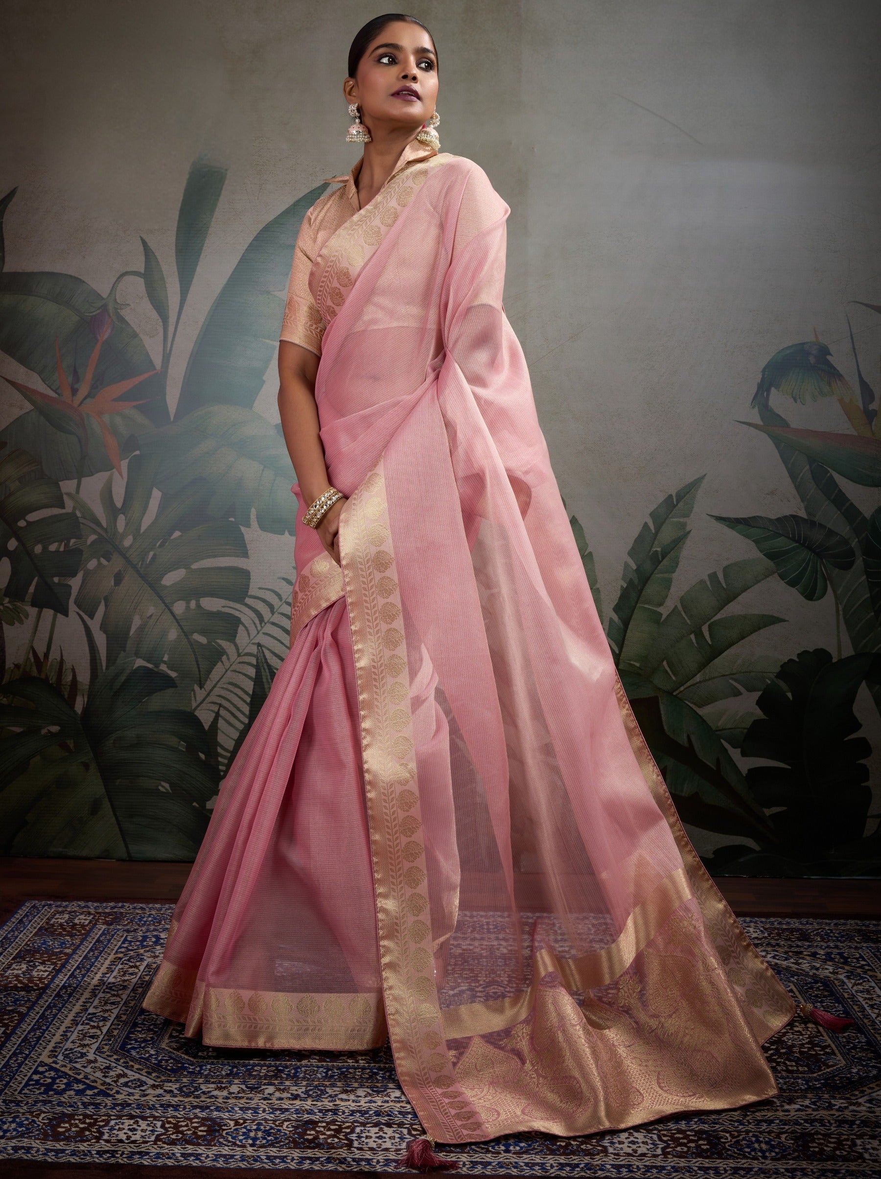 Taffy Pink Fancy Tissue Silk Saree With Blouse Piece - TrendOye
