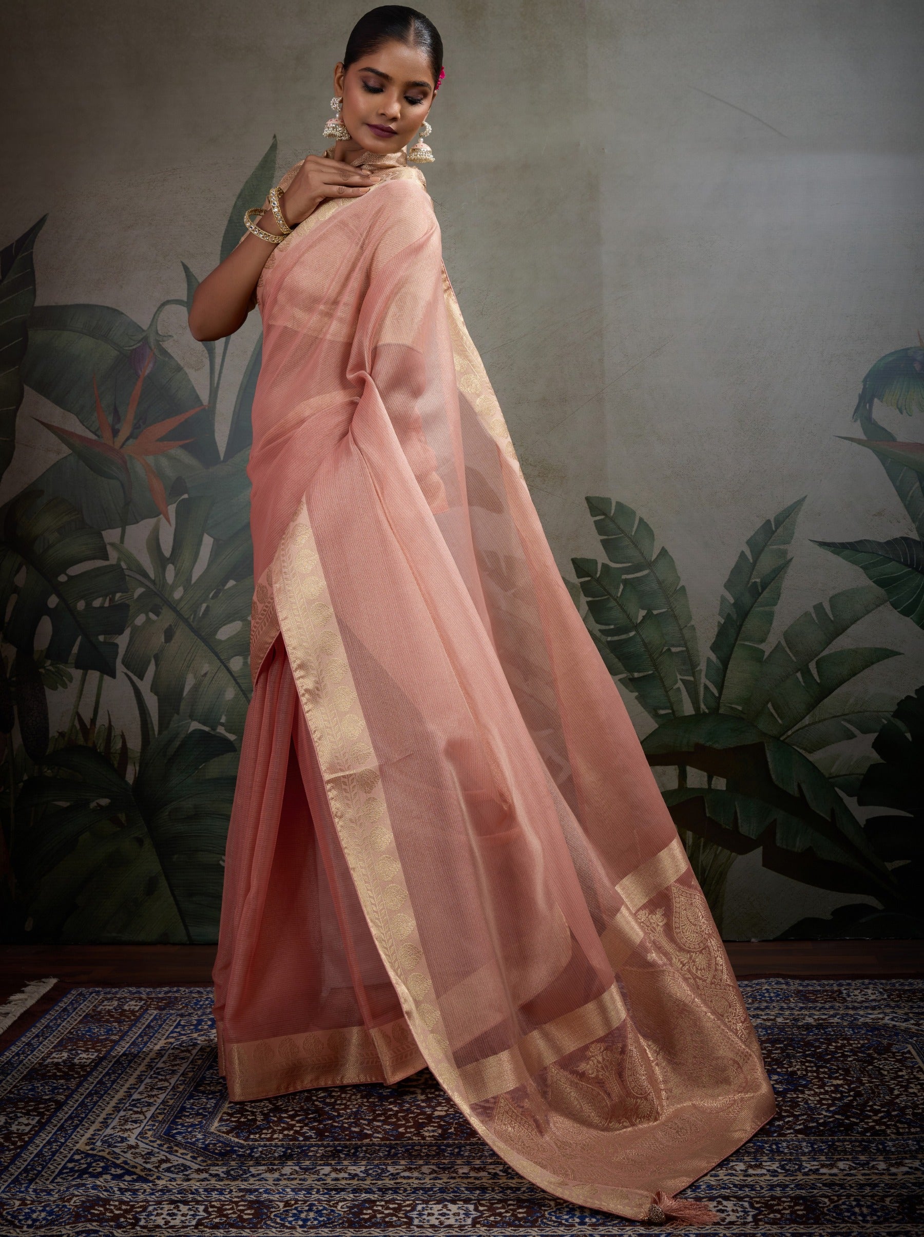 Flamingo Pink Fancy Tissue Silk Saree With Blouse Piece - TrendOye