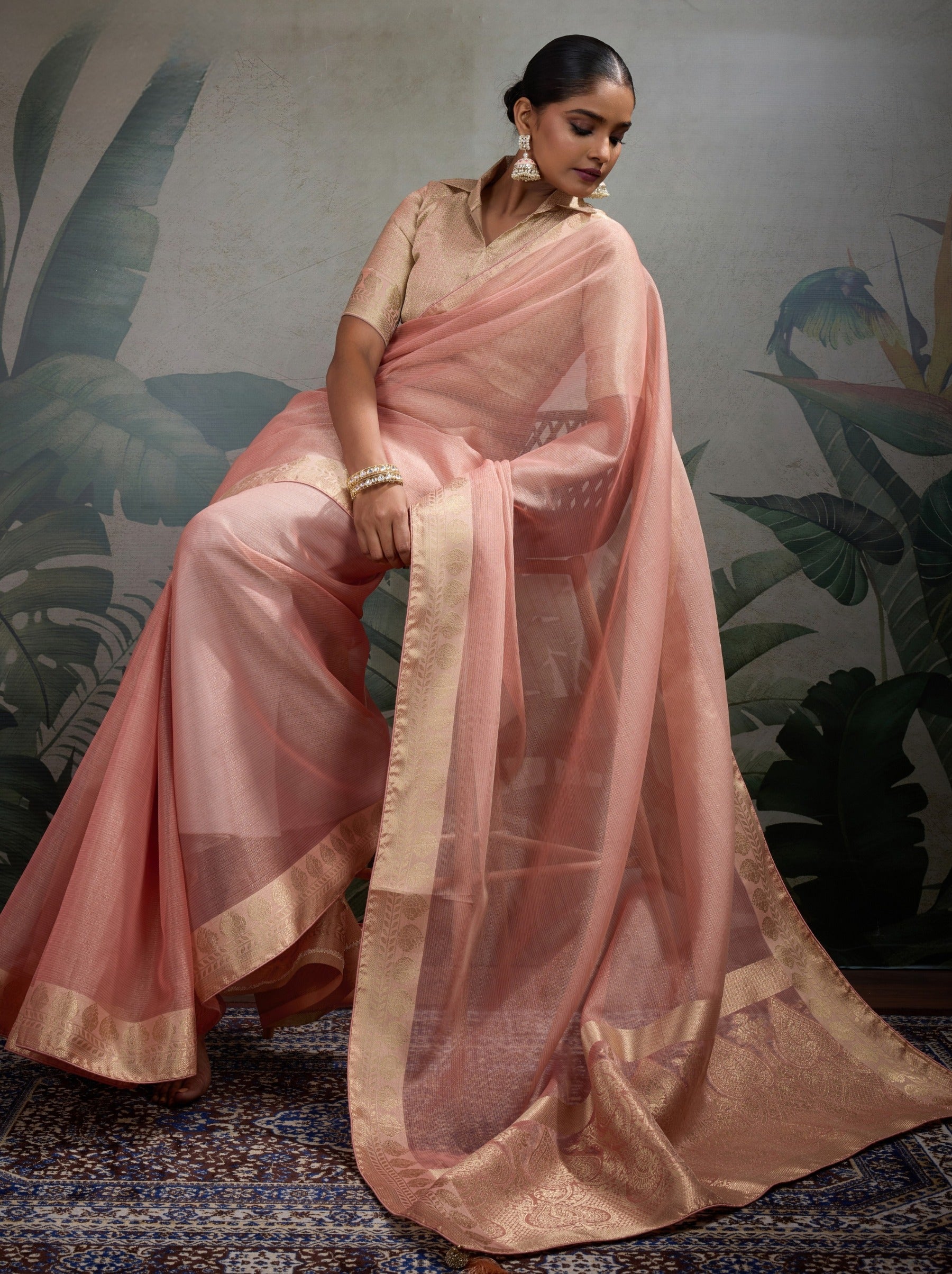 Flamingo Pink Fancy Tissue Silk Saree With Blouse Piece - TrendOye