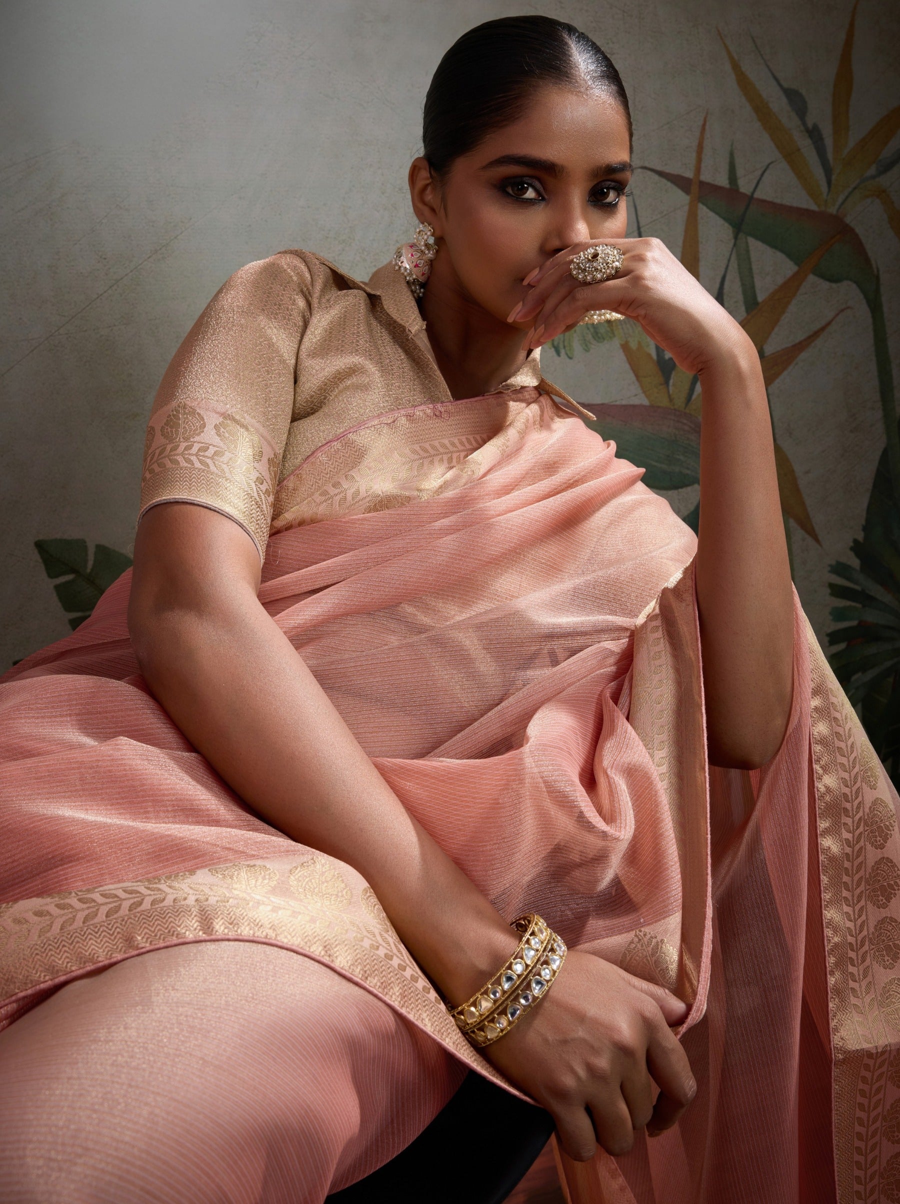 Flamingo Pink Fancy Tissue Silk Saree With Blouse Piece - TrendOye