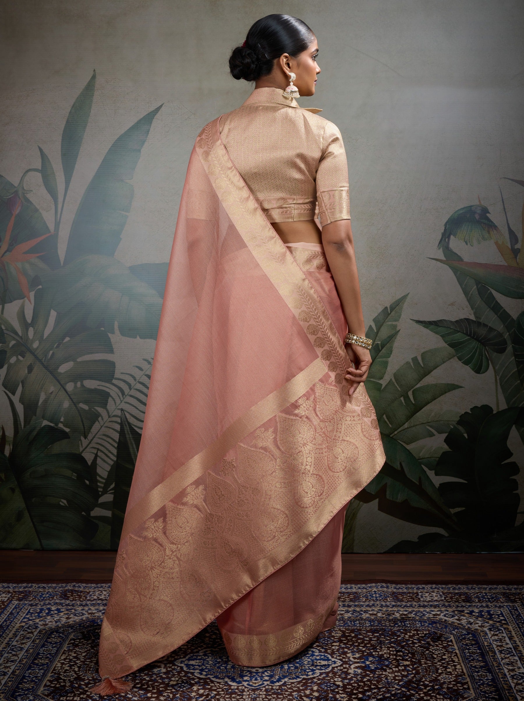 Flamingo Pink Fancy Tissue Silk Saree With Blouse Piece - TrendOye