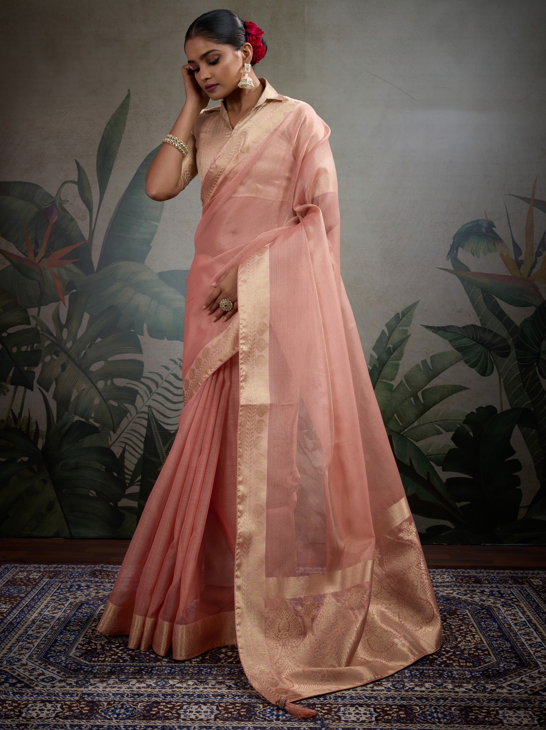 Flamingo Pink Fancy Tissue Silk Saree With Blouse Piece - TrendOye