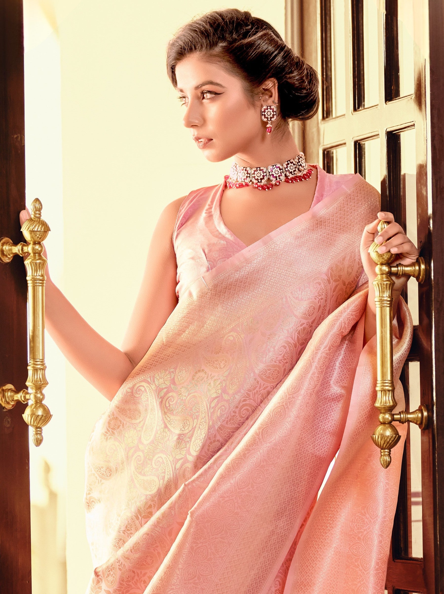 Flamingo Pink Kanchivaram Silk Celebration Saree - TrendOye