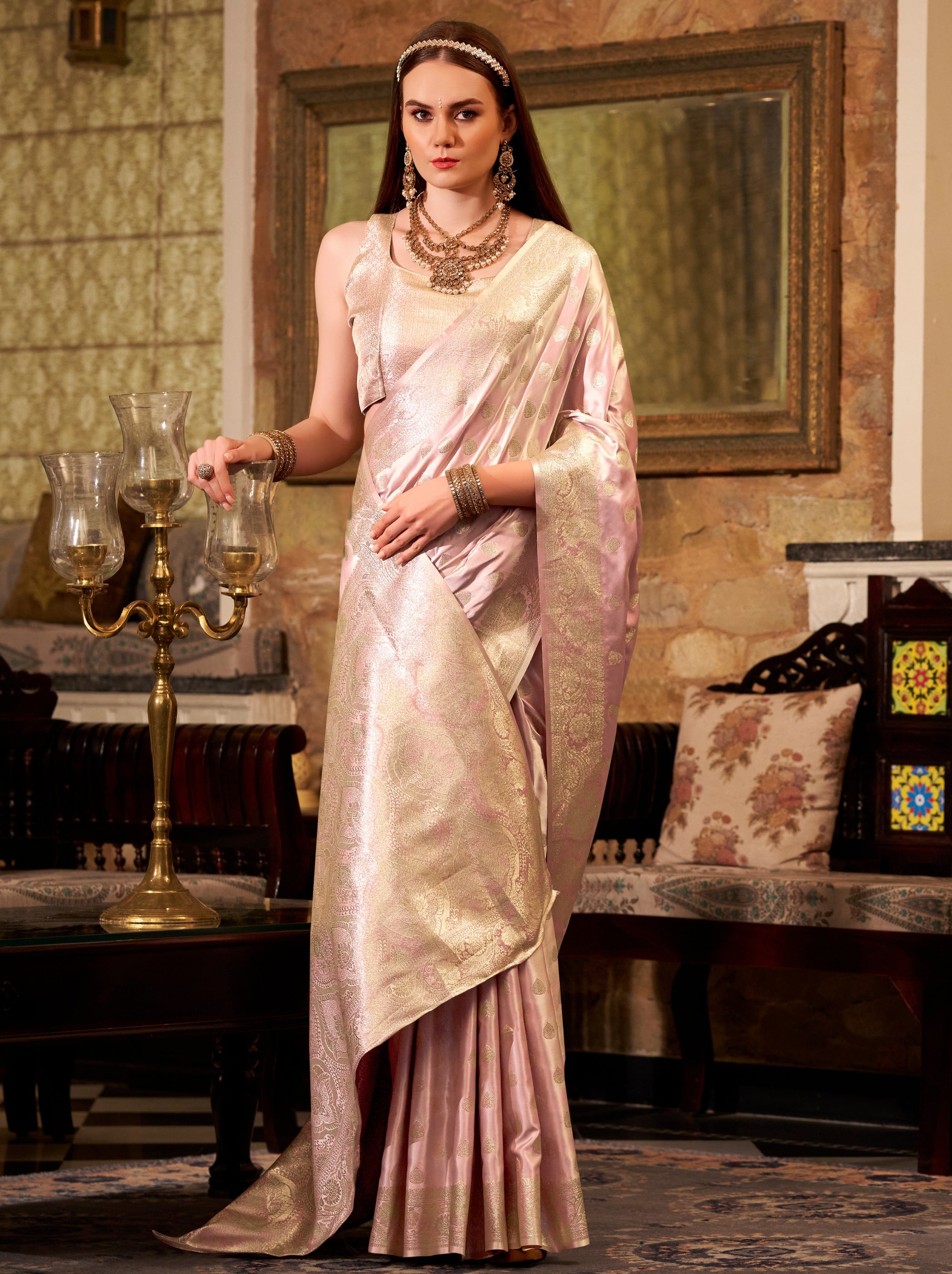 Carnation Pink Pastel Soft Satin Silk Saree With Zari Work - TrendOye