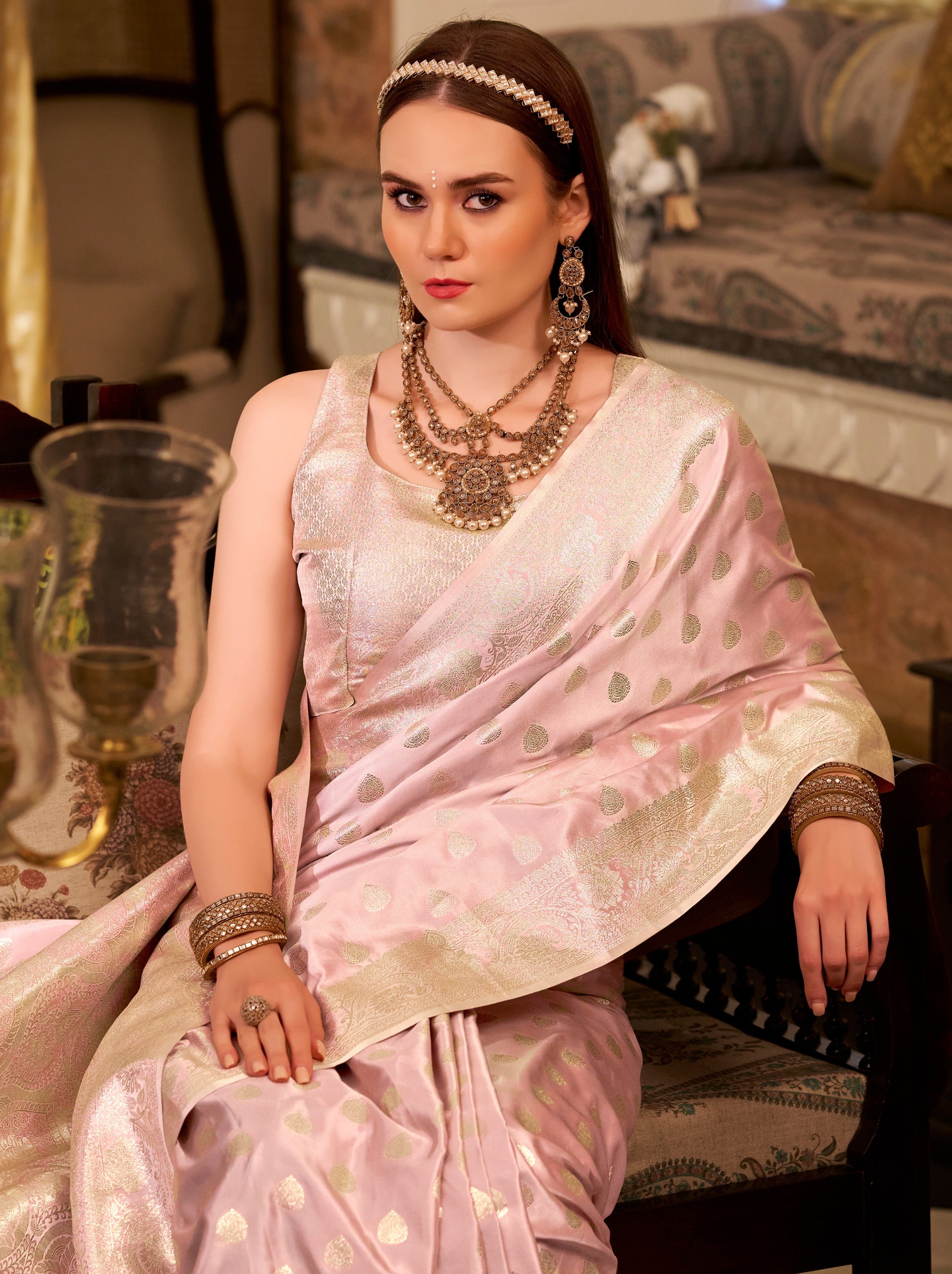Carnation Pink Pastel Soft Satin Silk Saree With Zari Work - TrendOye