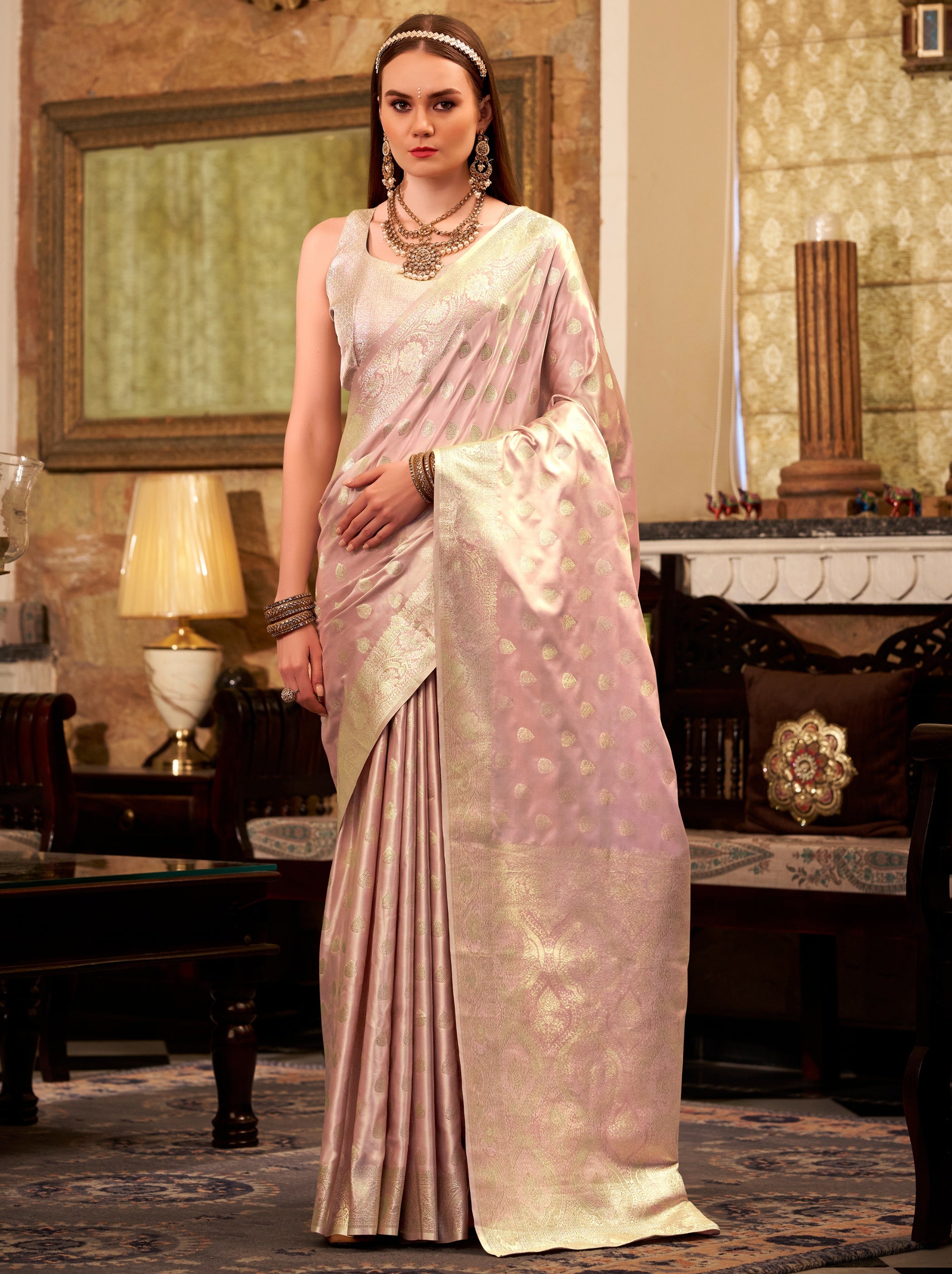 Carnation Pink Pastel Soft Satin Silk Saree With Zari Work - TrendOye