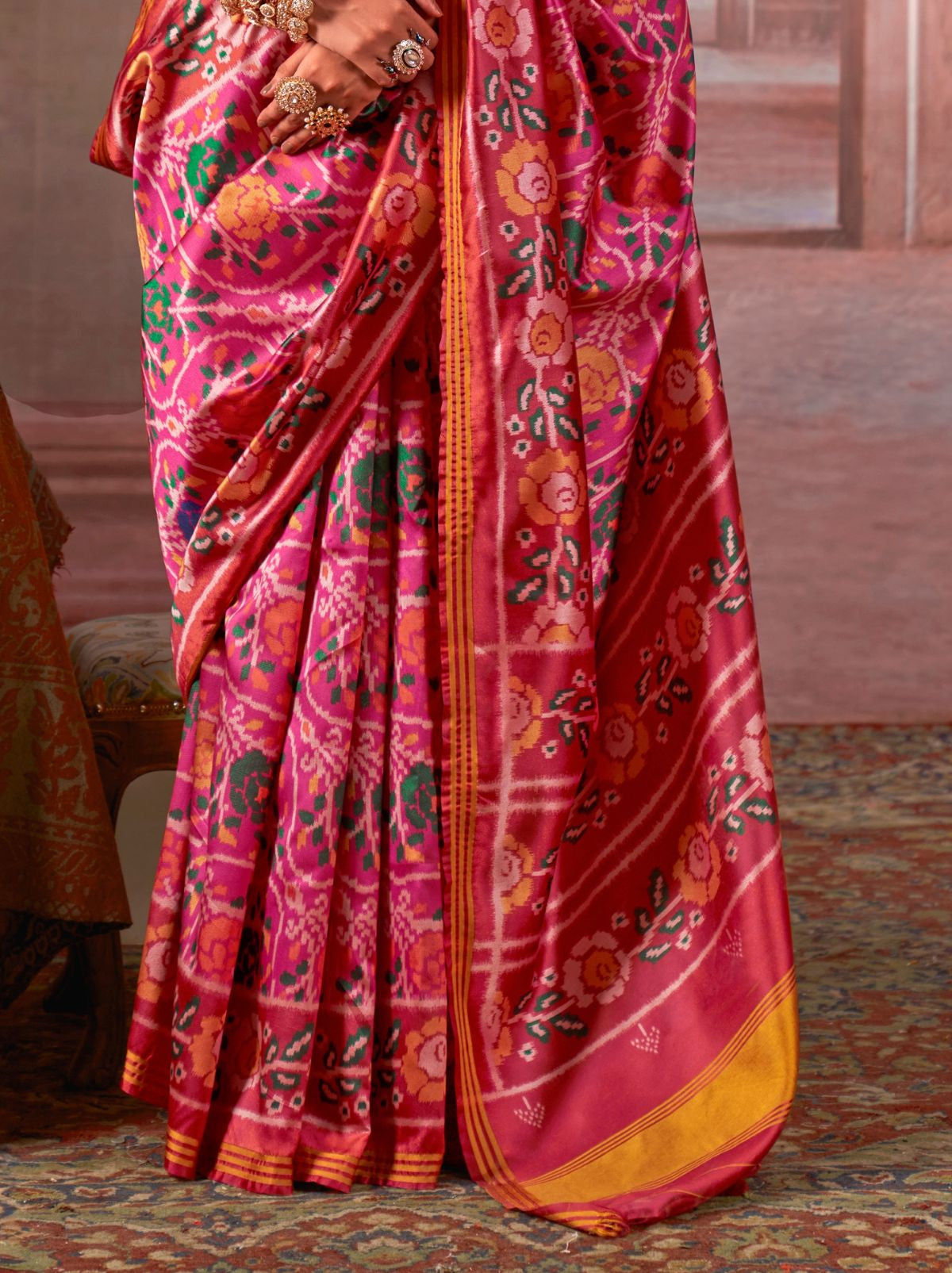 Hot Pink Patola Silk Saree With Blouse Piece