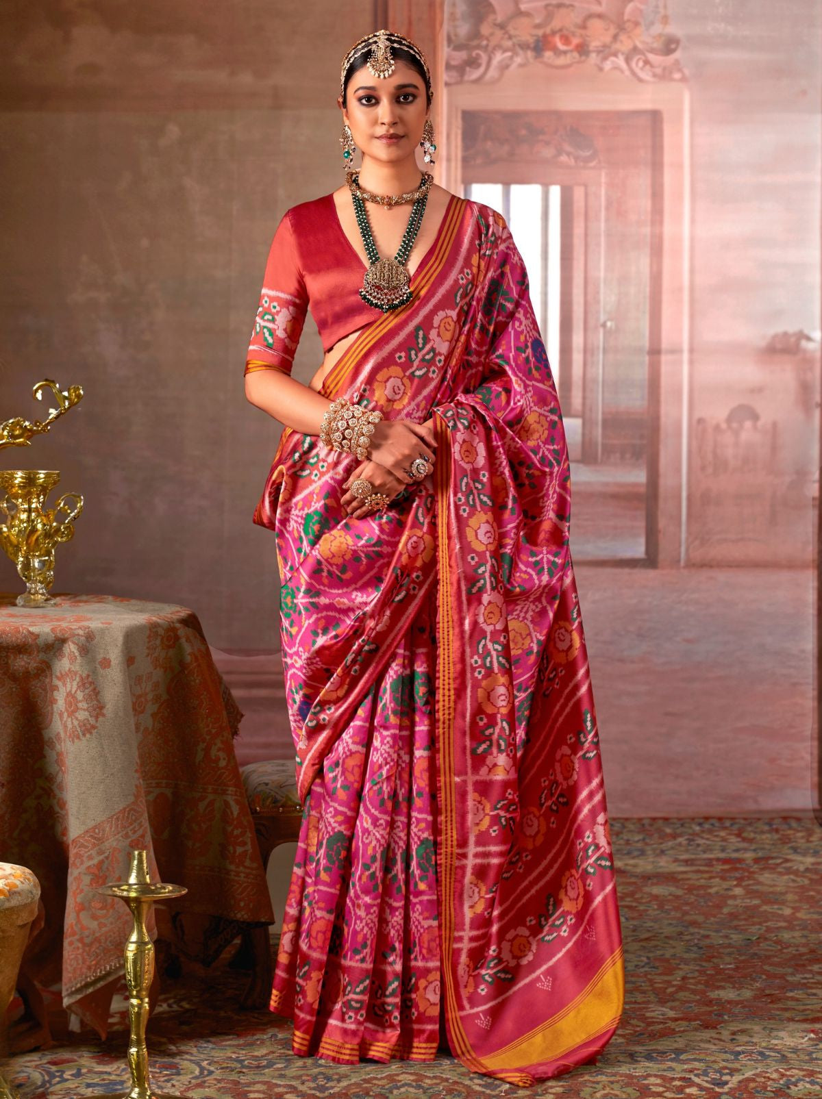 Hot Pink Patola Silk Saree With Blouse Piece
