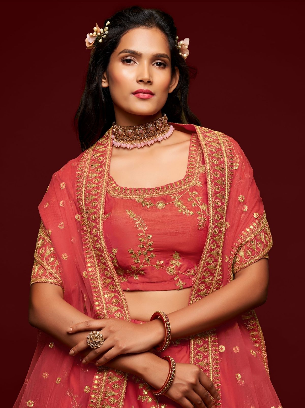 Coral Red Premium Celebration Lehenga Set With Sequin & Zari Work