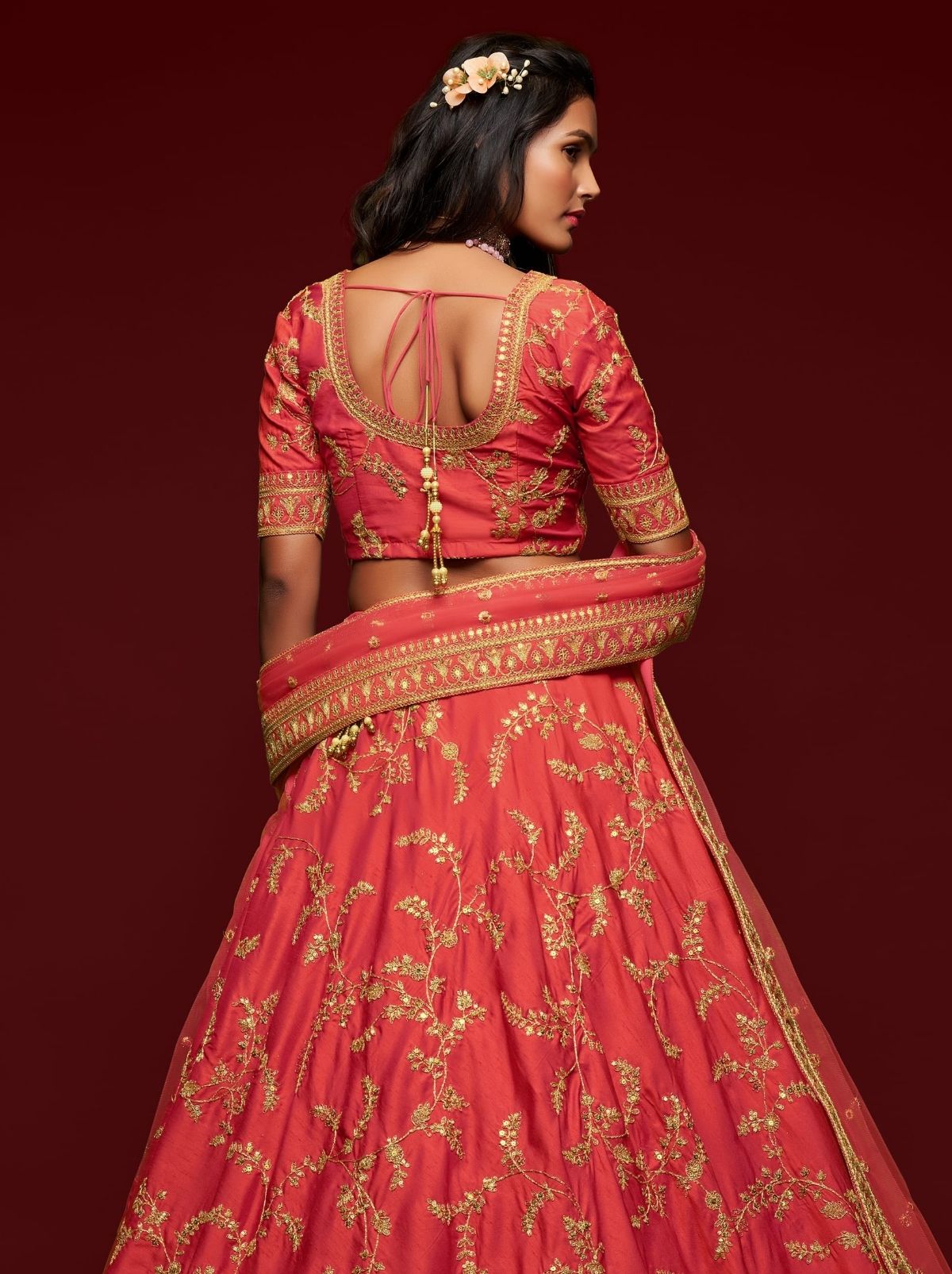 Coral Red Premium Celebration Lehenga Set With Sequin & Zari Work