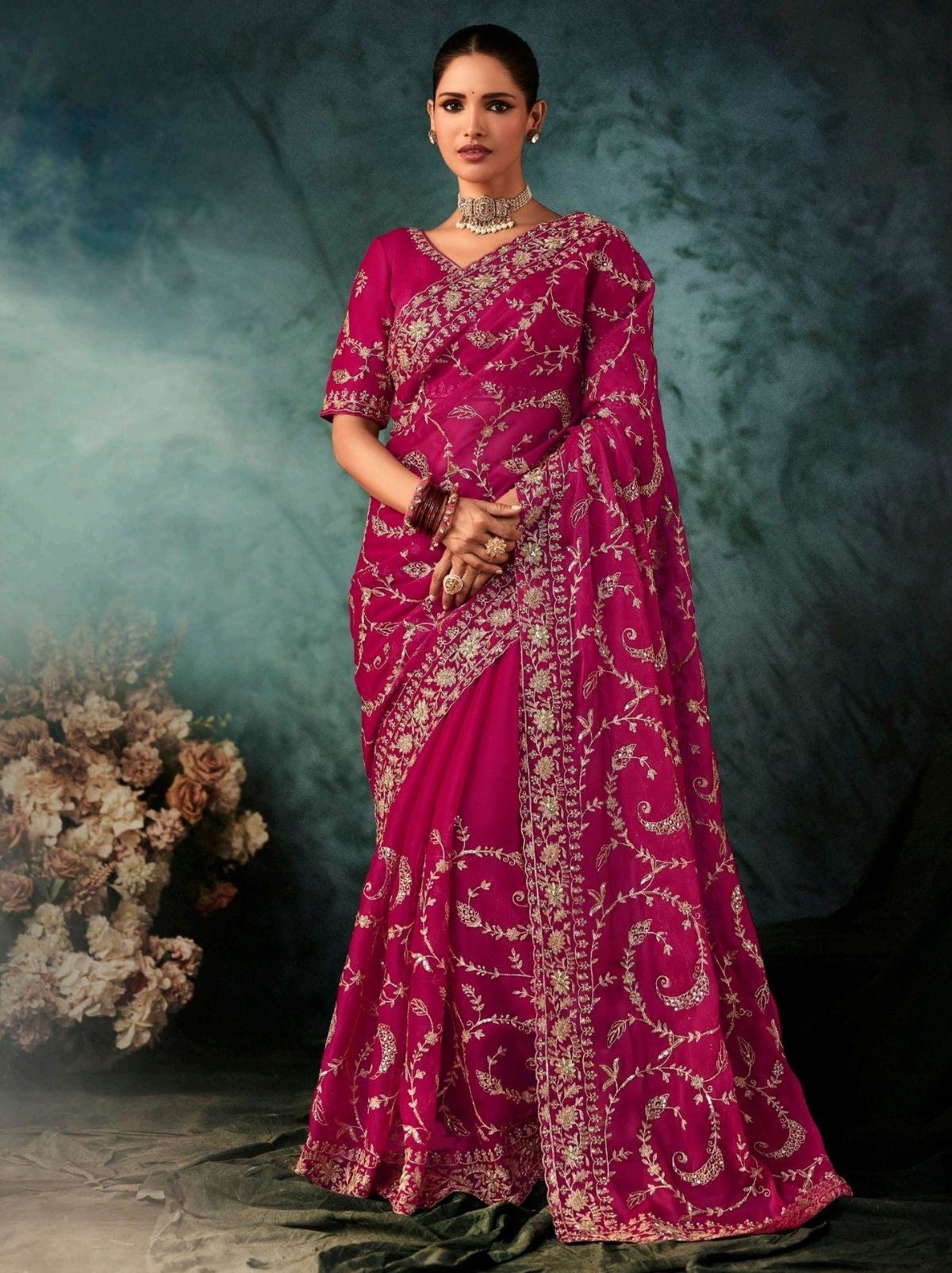 Cerise Pink Premium Crepe Silk Saree With Blouse Piece