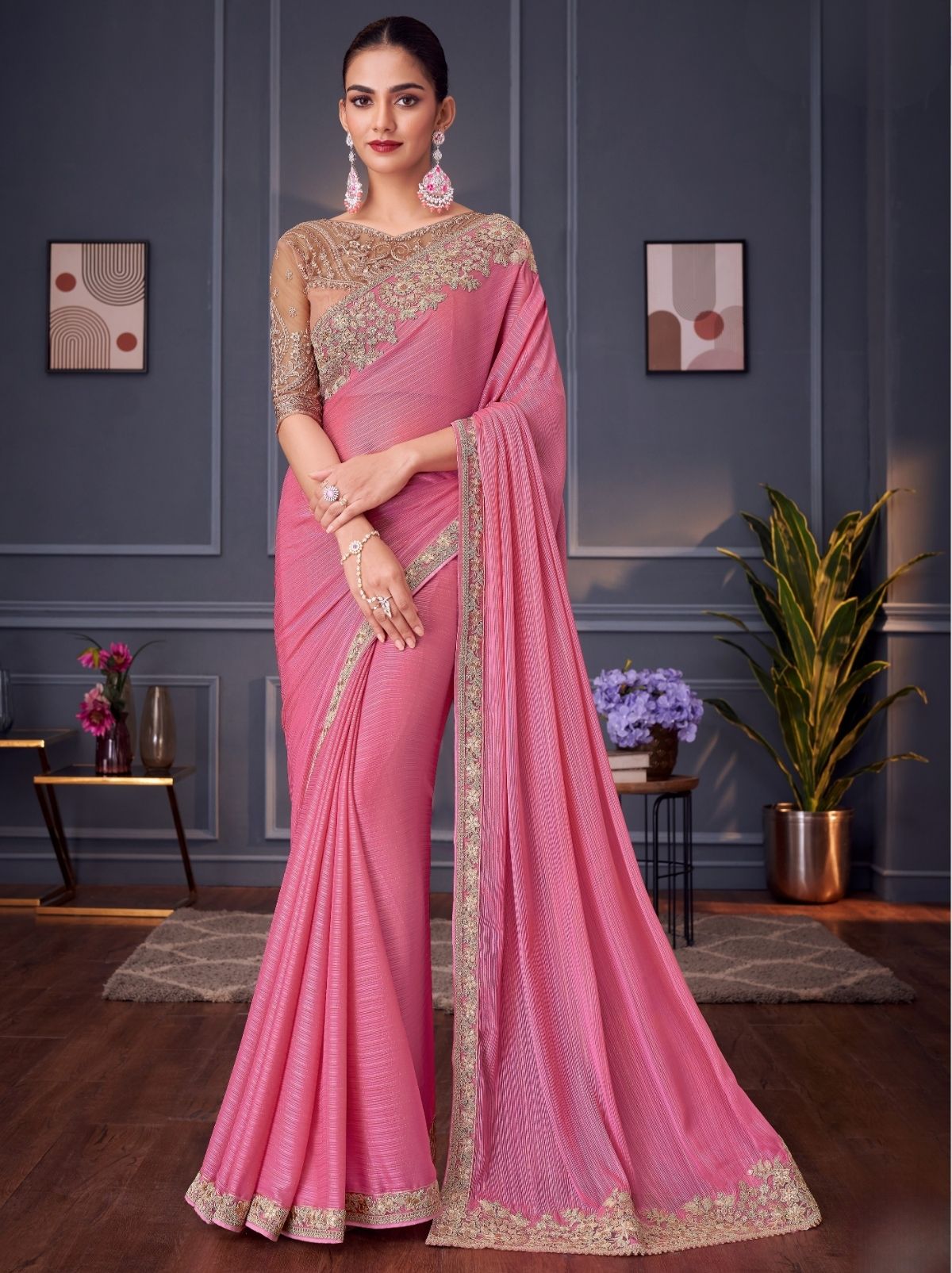 Rose Pink Party Designer Saree - TrendOye