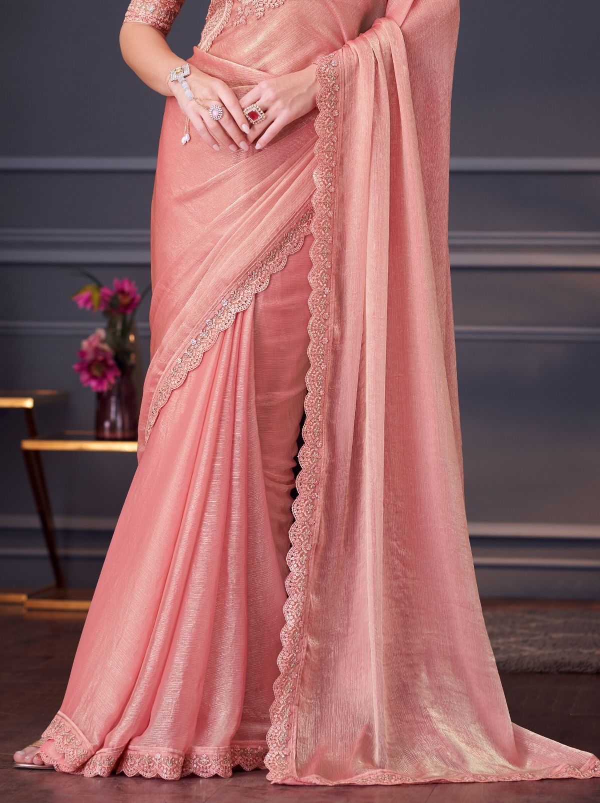 Flamingo Pink Party Designer Saree - TrendOye