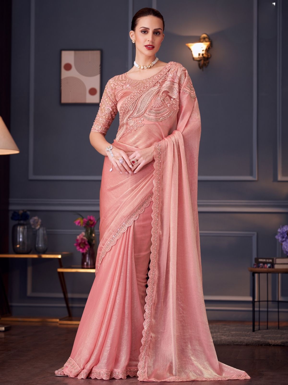 Flamingo Pink Party Designer Saree - TrendOye