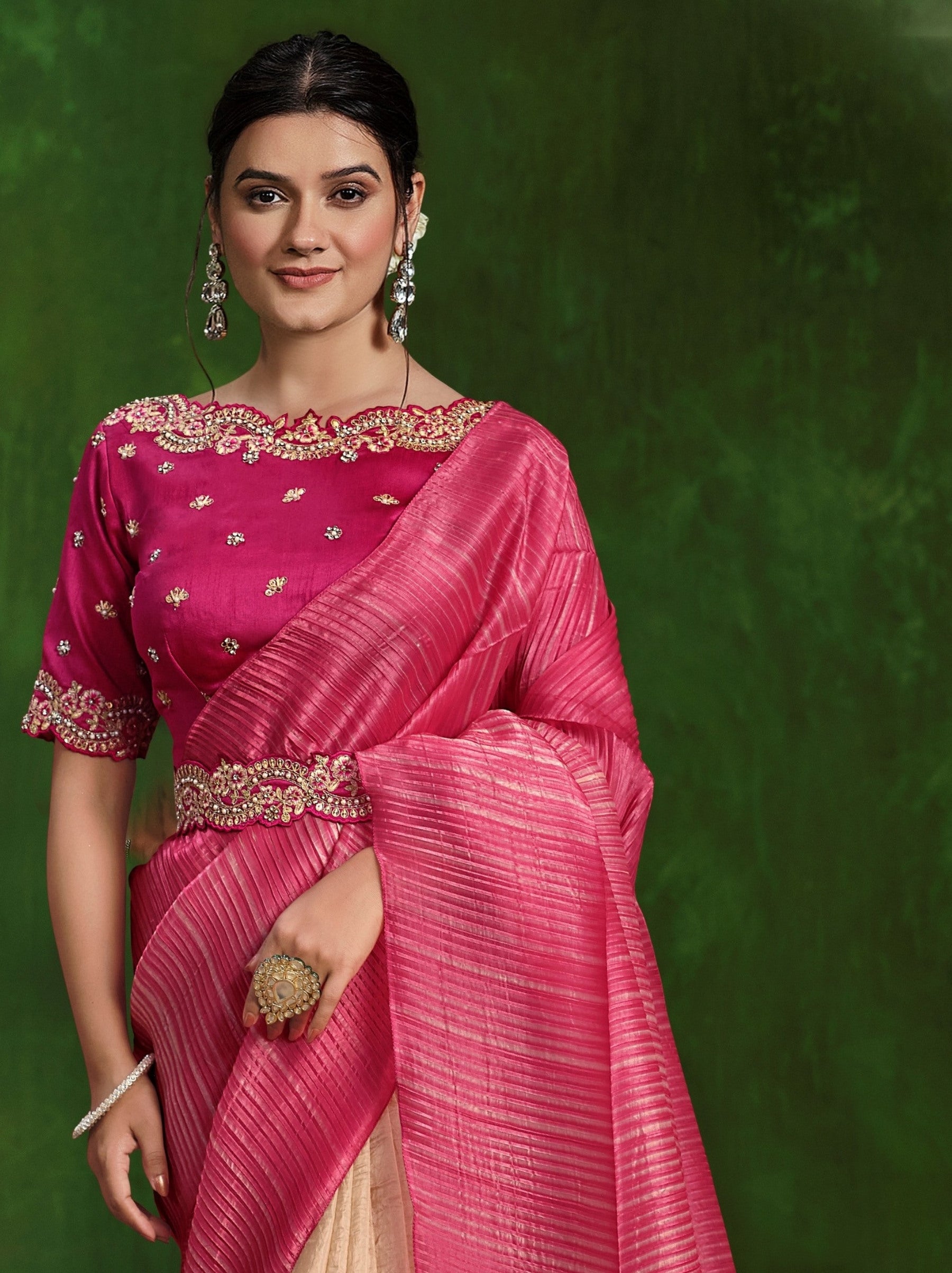 Cerise Pink Celebration Saree - TrendOye