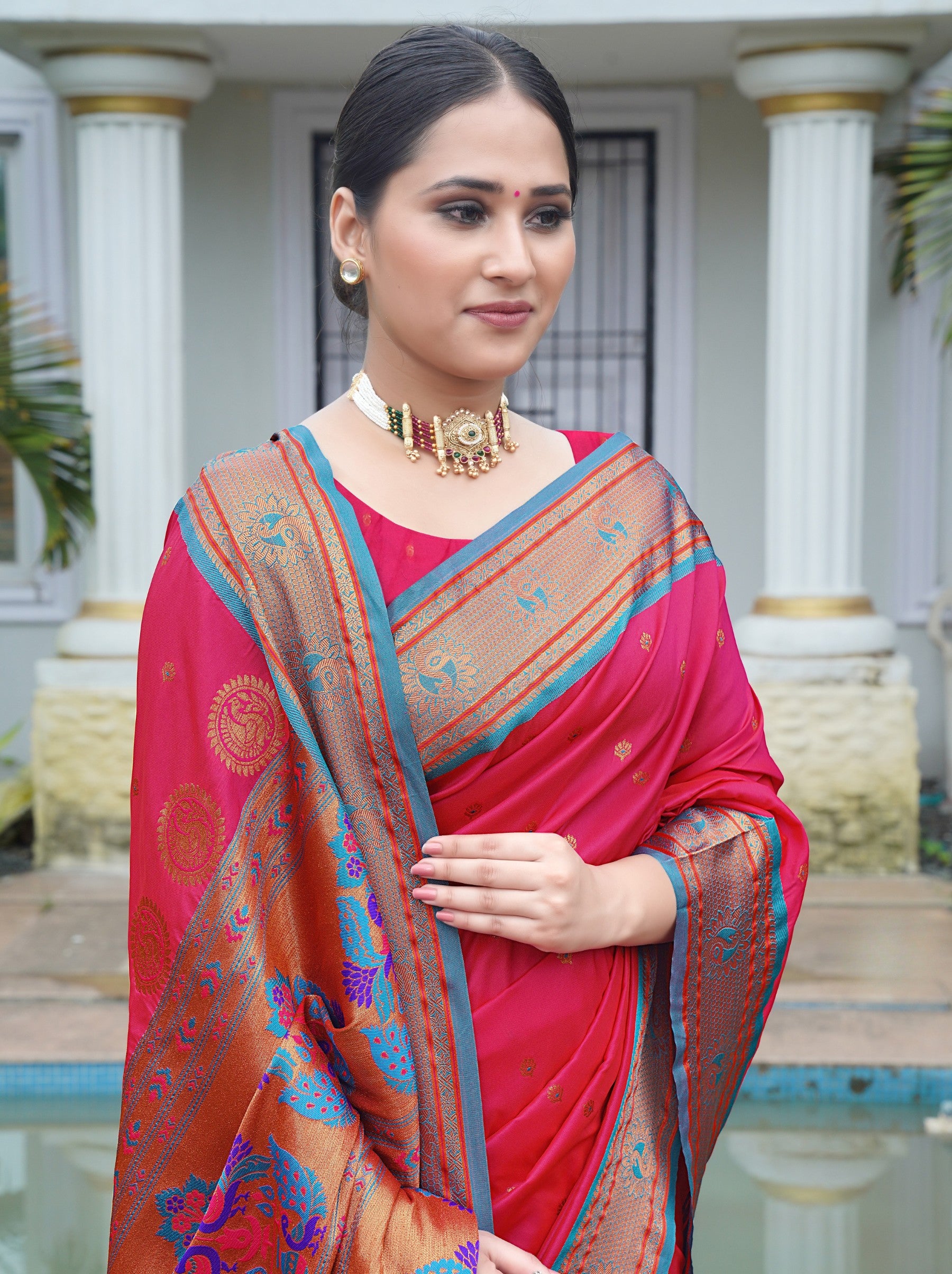 Ruby Pink Festive Saree - TrendOye