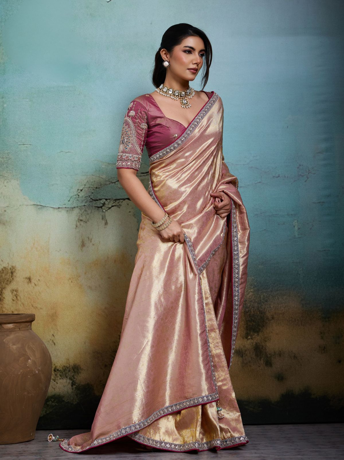 Flamingo Pink Premium Designer Tissue Banarasi Saree With Blouse Piece