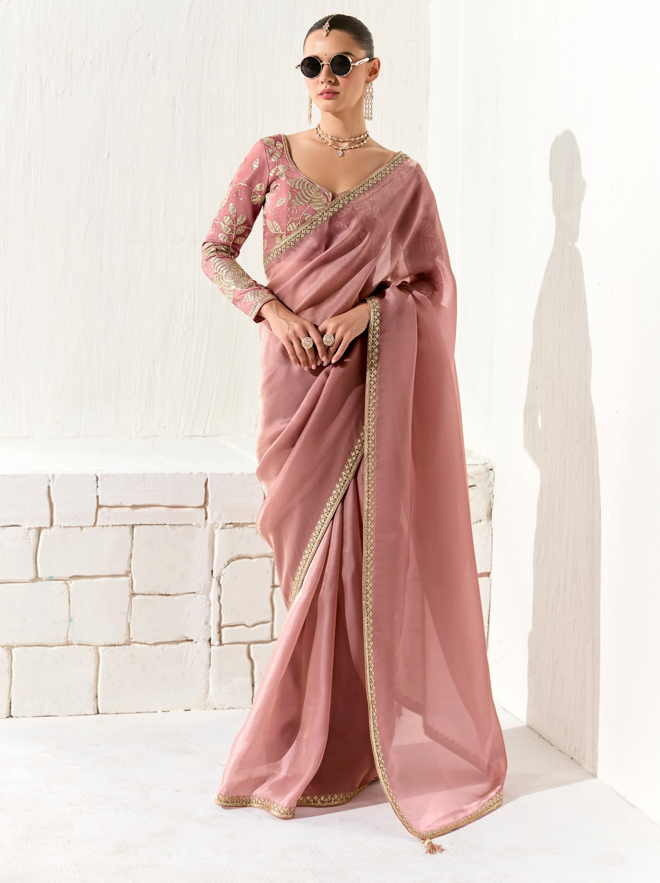 Thulian Pink Organza Premium Ethnic Designer Saree With Blouse Piece