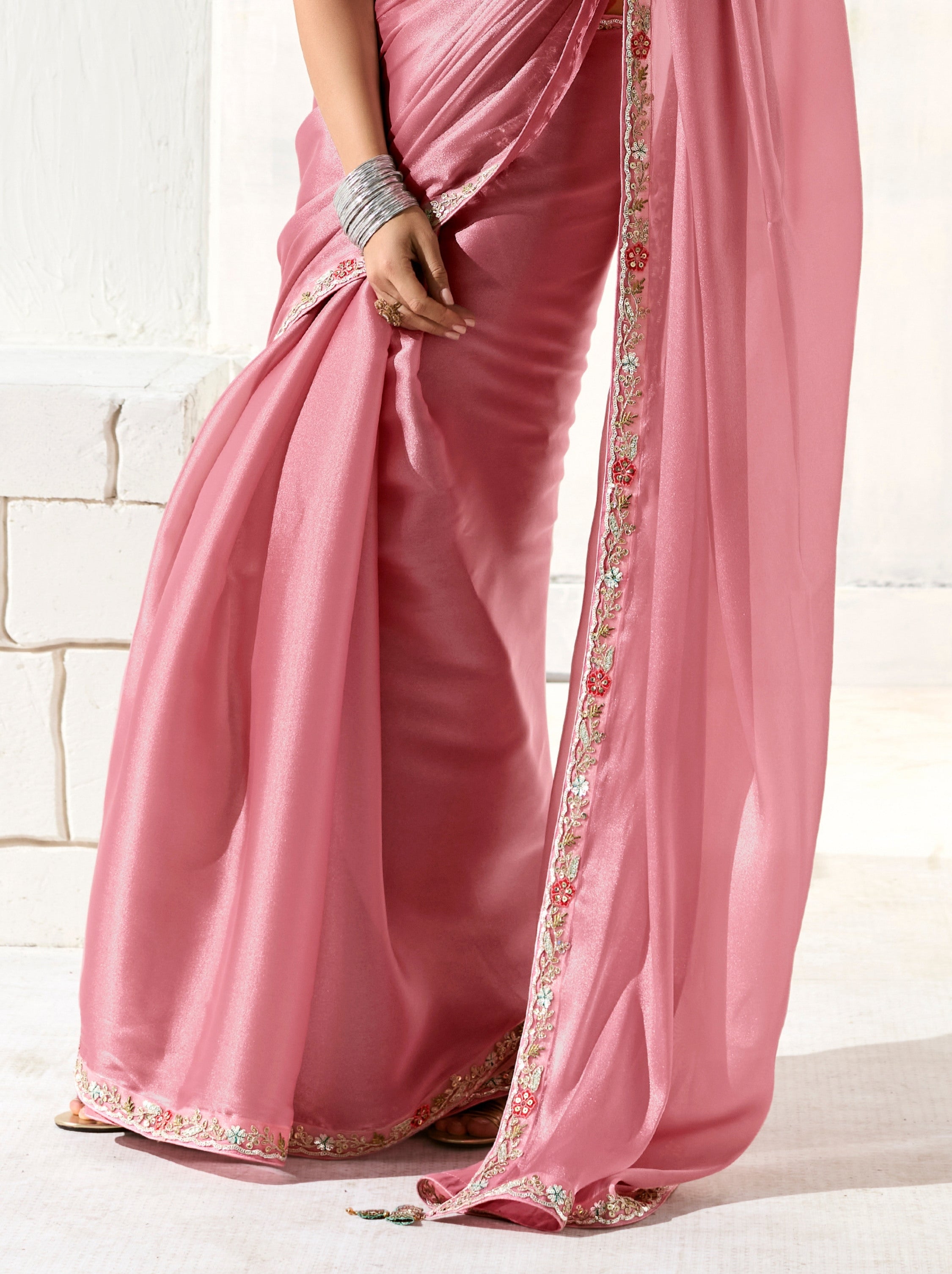 Bubblegum Pink Organza Tissue Fancy Designer Saree With Blouse Piece