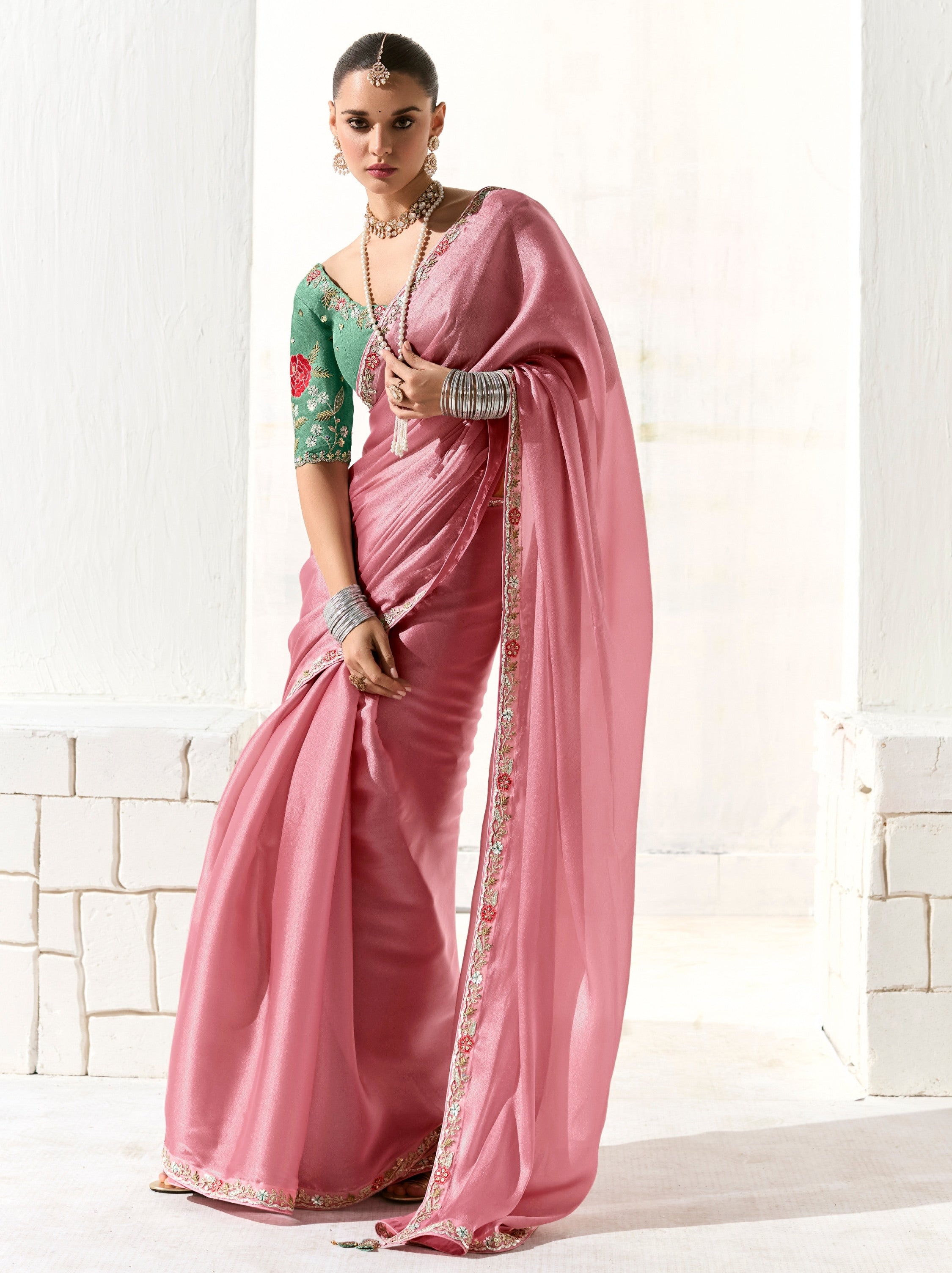 Bubblegum Pink Organza Tissue Fancy Designer Saree With Blouse Piece