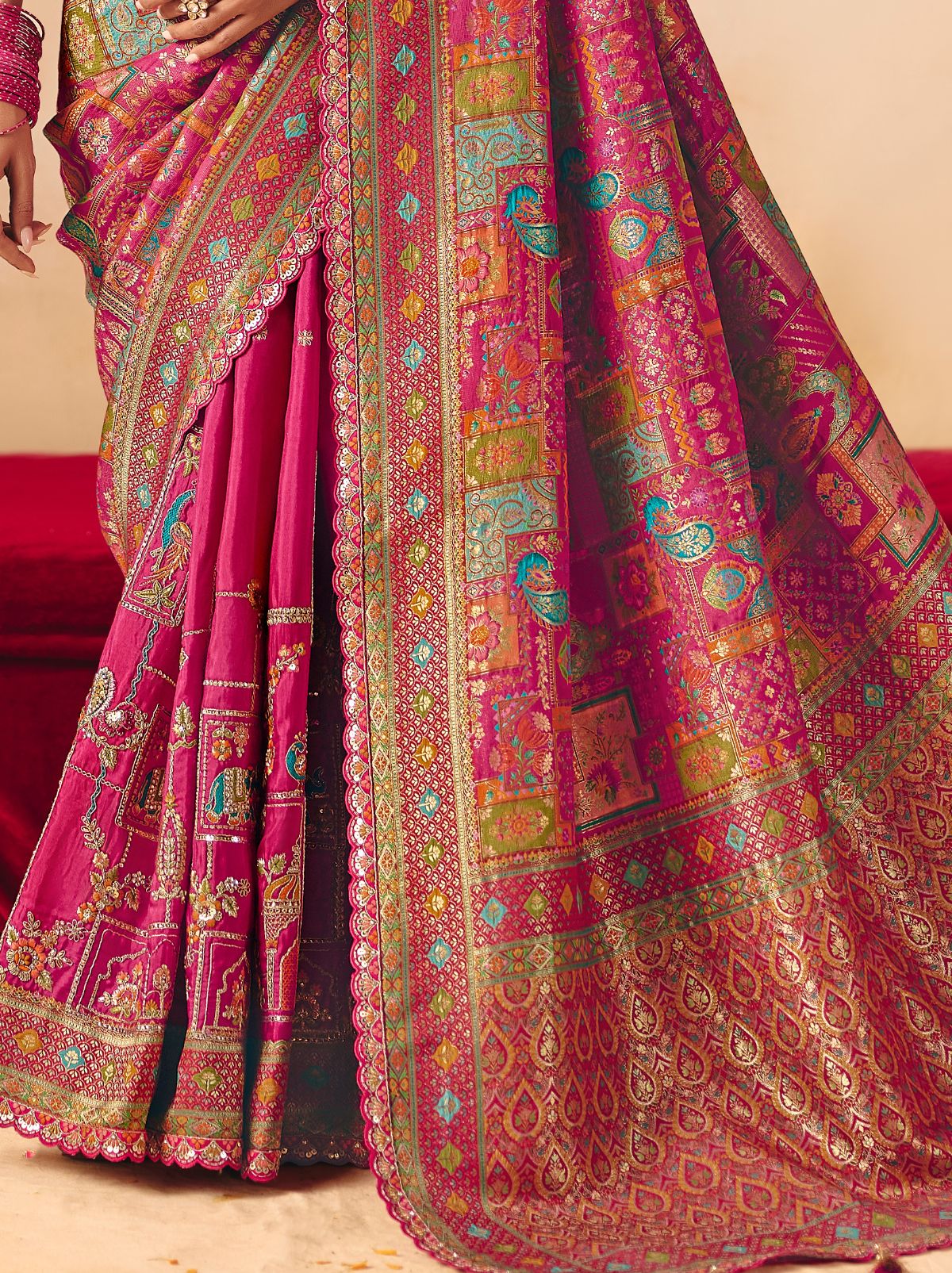 Ruby Pink Premium Dola Silk Embroidered Designer Saree