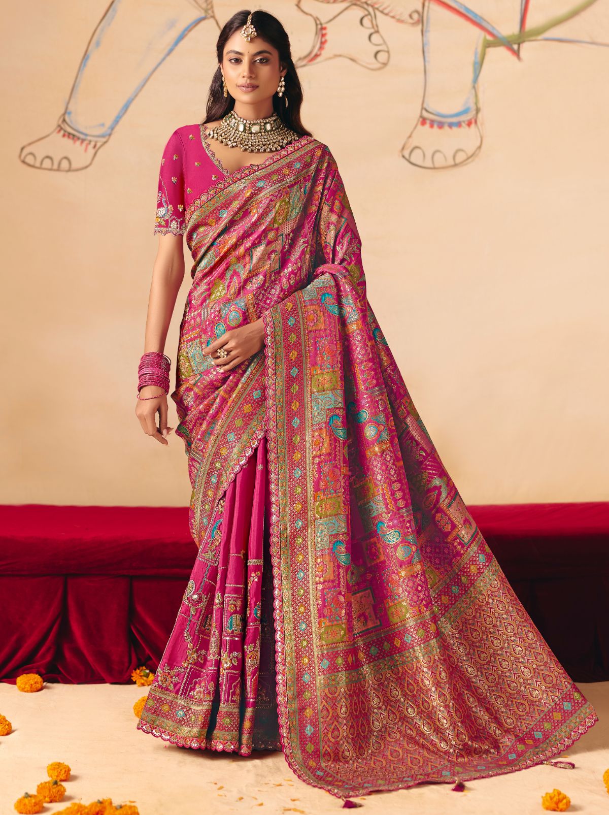 Ruby Pink Premium Dola Silk Embroidered Designer Saree