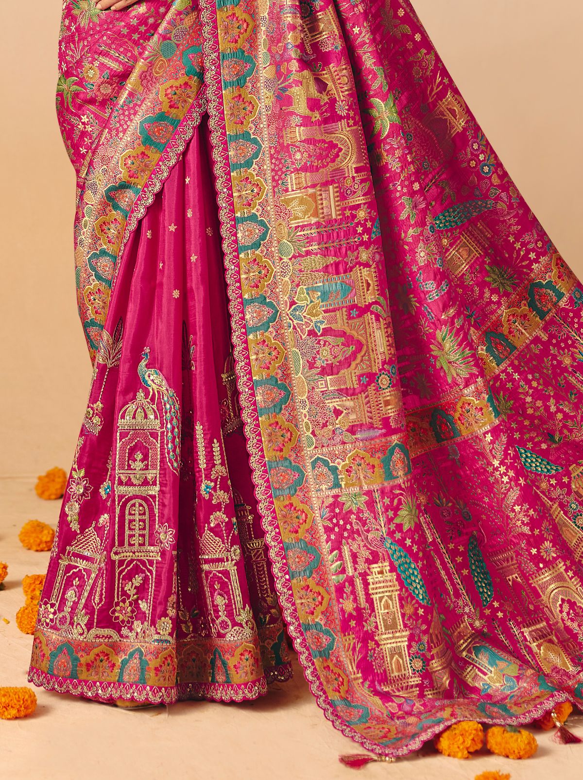 Cerise Pink Premium Dola Silk Embroidered Designer Saree