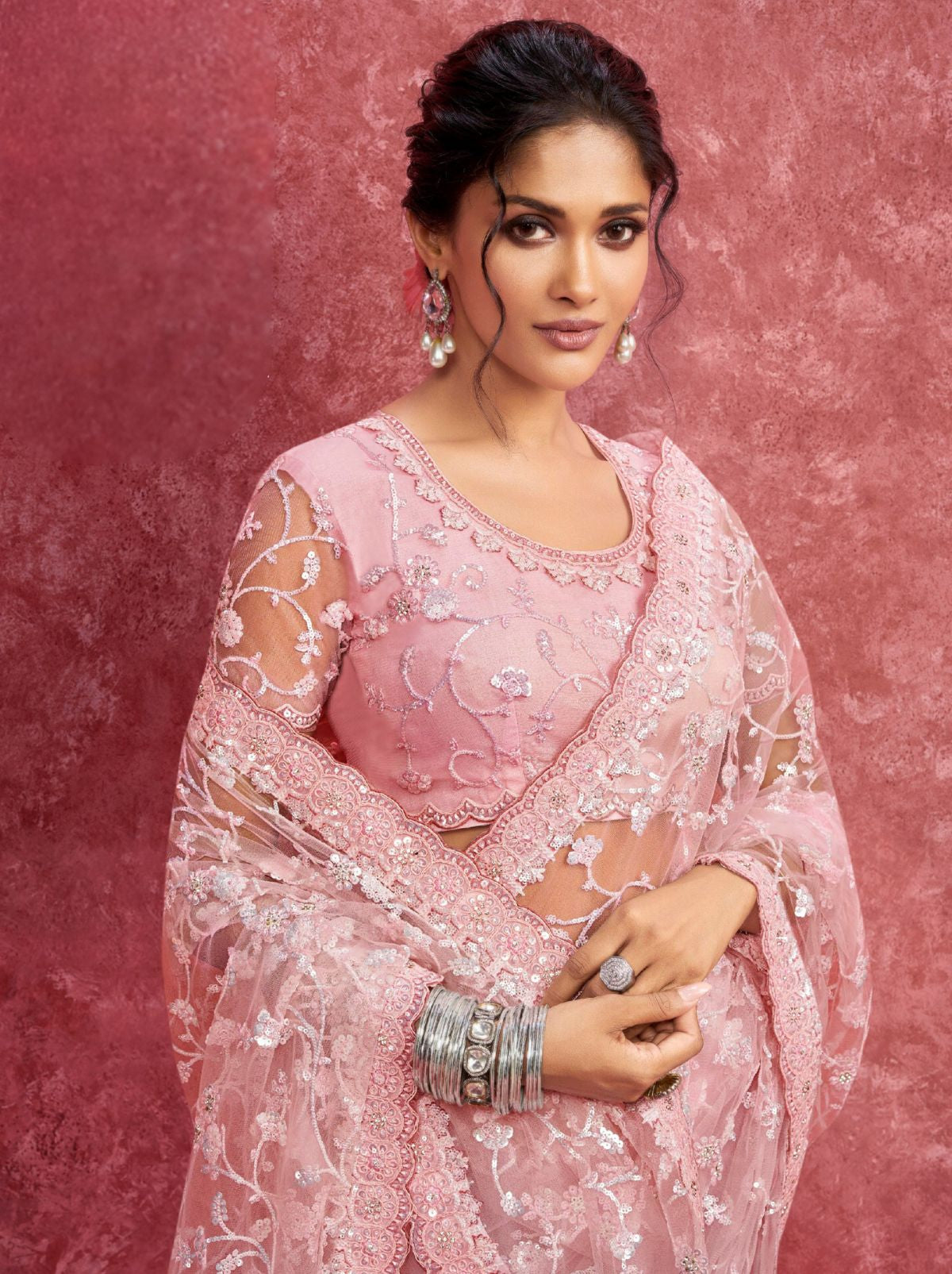 Carnation Pink Designer Fancy Sequin Saree With Tassels