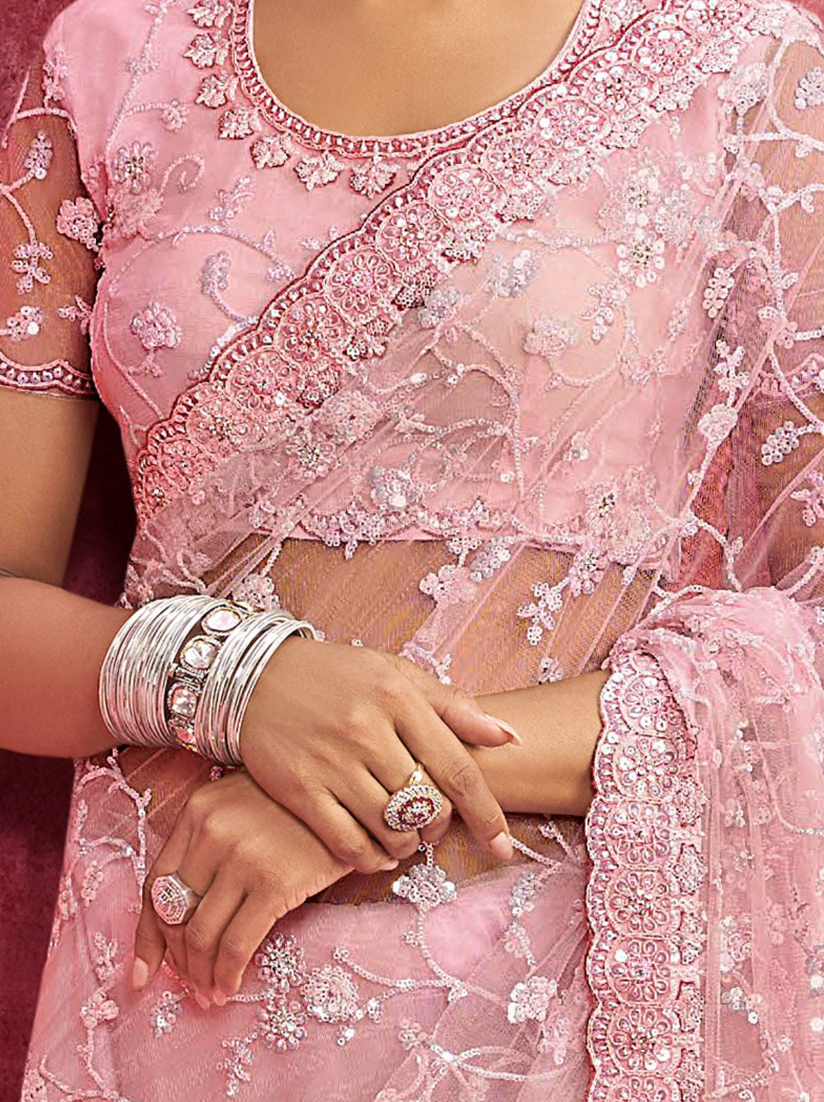 Carnation Pink Designer Fancy Sequin Saree With Tassels