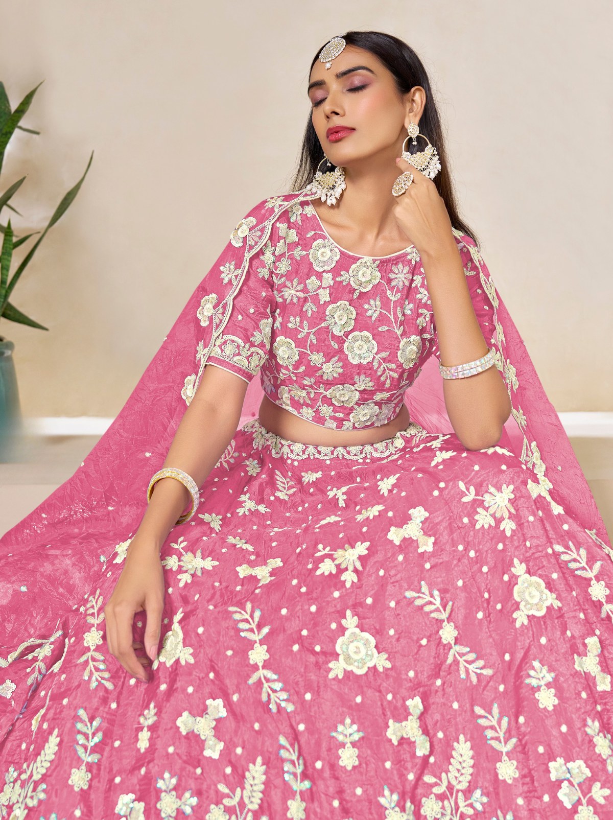 Creamy Pink Premium Festive Lehenga Set With Sequin And Zari Work - TrendOye