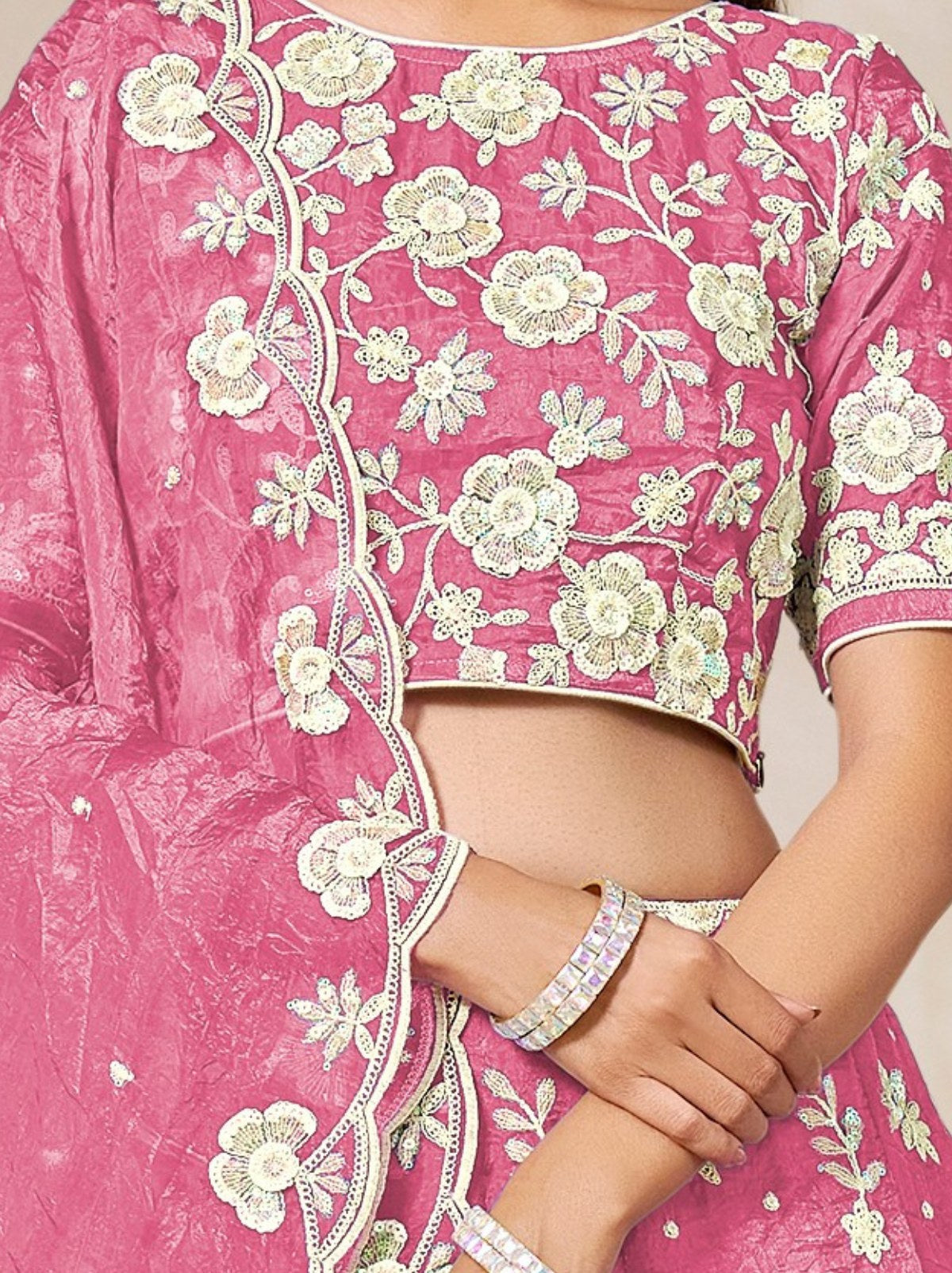 Creamy Pink Premium Festive Lehenga Set With Sequin And Zari Work - TrendOye