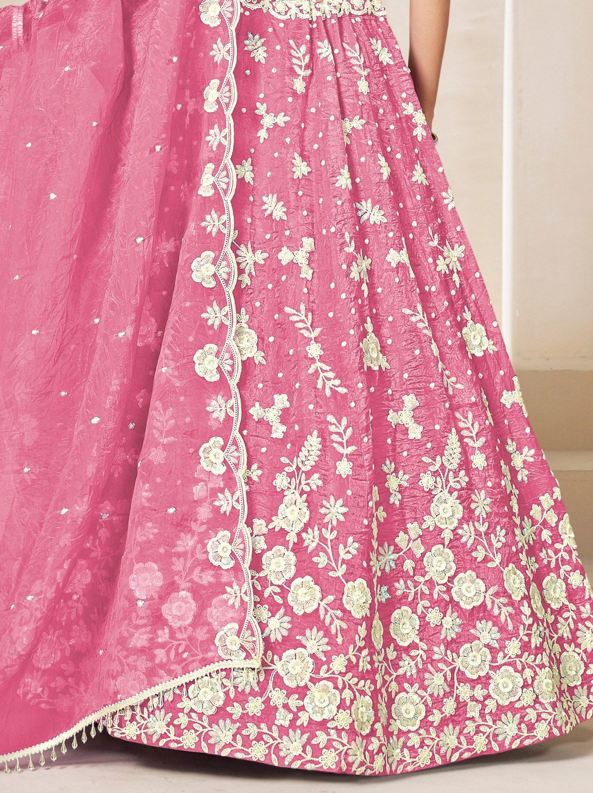 Creamy Pink Premium Festive Lehenga Set With Sequin And Zari Work - TrendOye