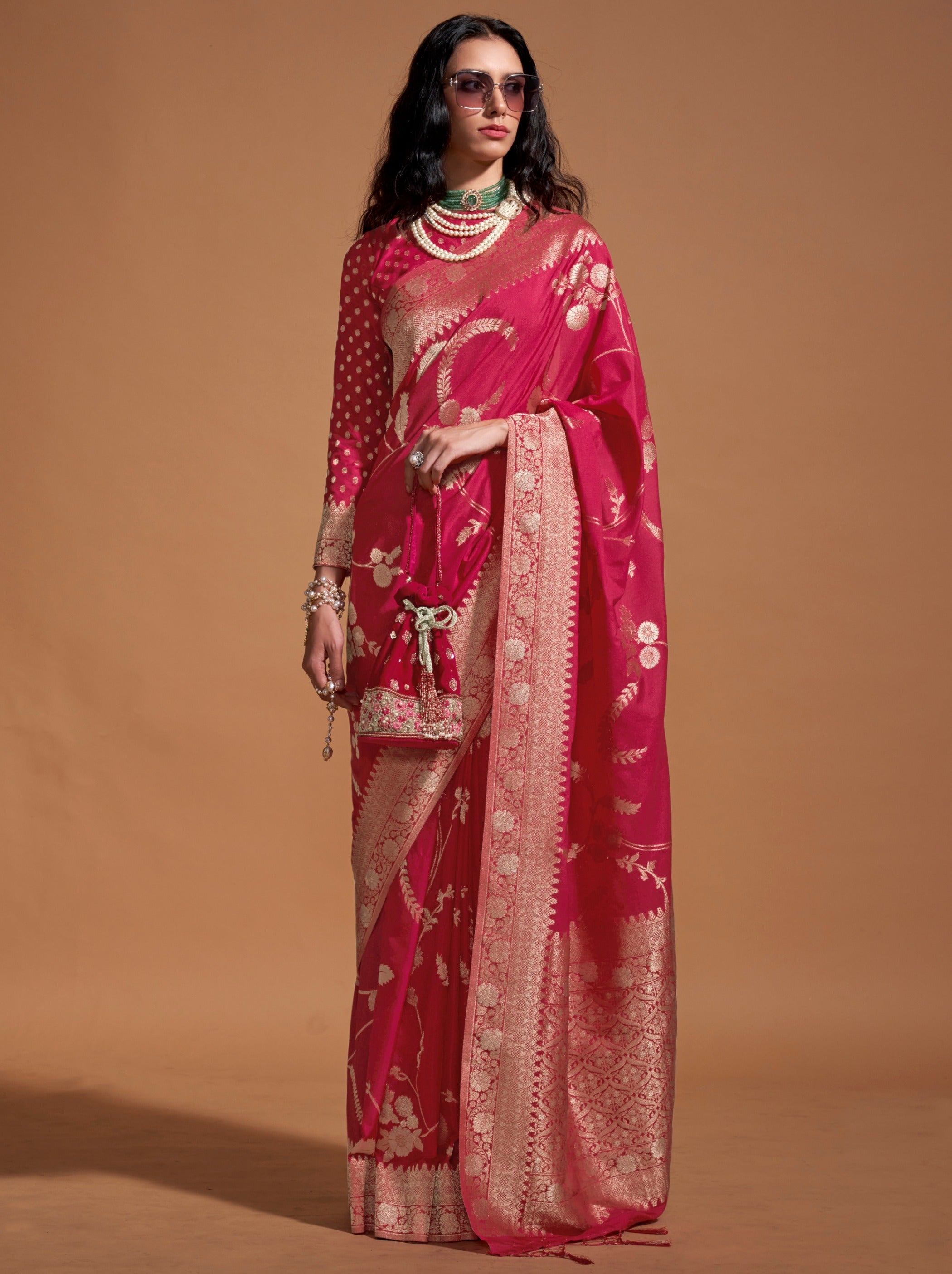 Hot Pink Premium Georgette Saree With Unstitched Blouse