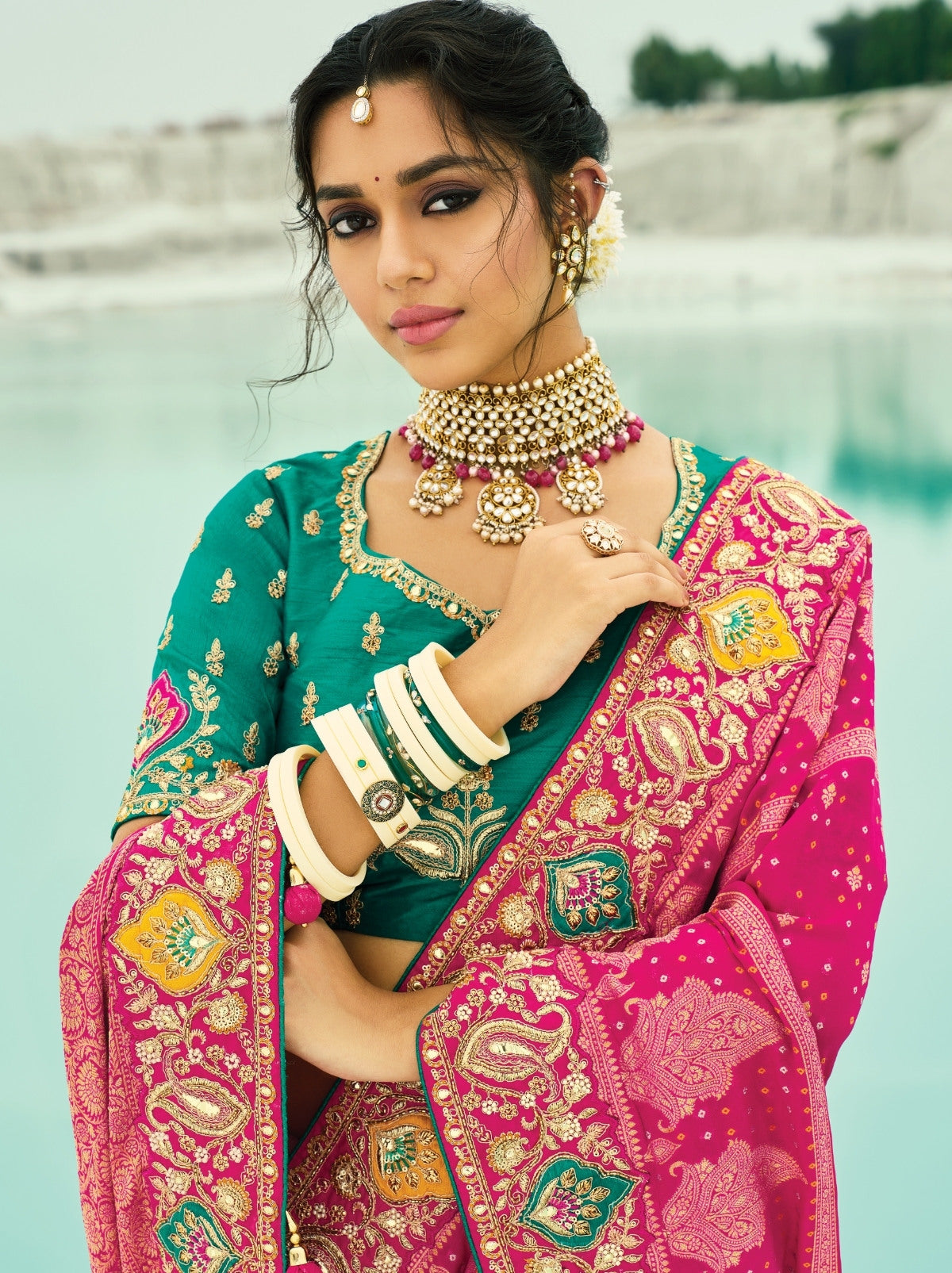 Magenta Pink Premium Georgette Wedding Saree With Bandhej Work