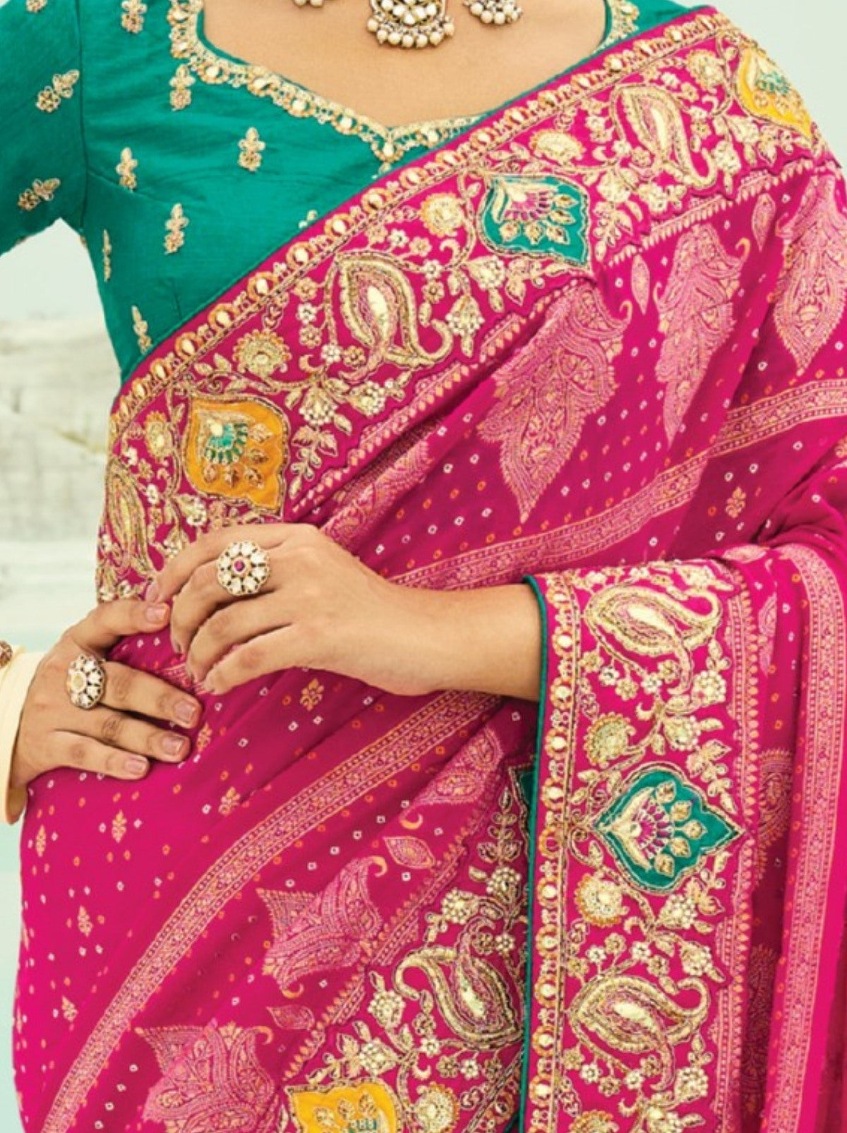 Magenta Pink Premium Georgette Wedding Saree With Bandhej Work