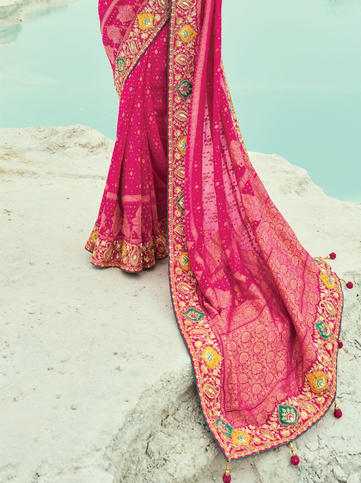 Magenta Pink Premium Georgette Wedding Saree With Bandhej Work