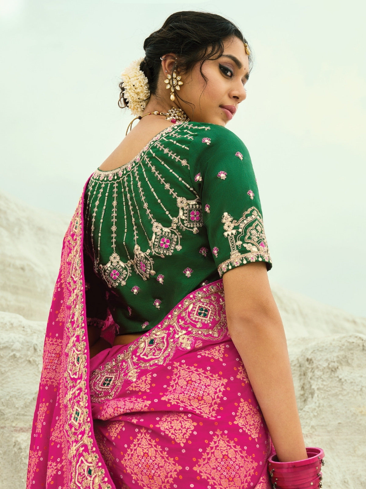 Barbie Pink Exclusive Georgette Wedding Saree With Bandhej Work