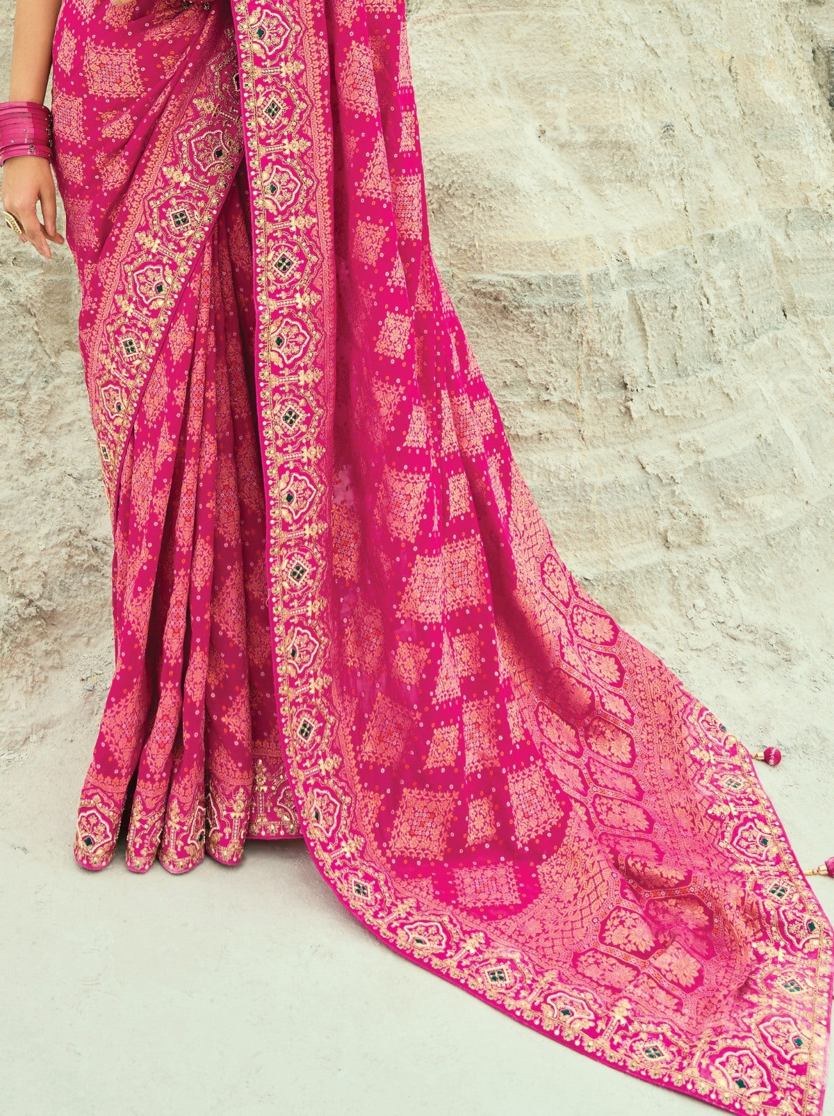 Barbie Pink Exclusive Georgette Wedding Saree With Bandhej Work