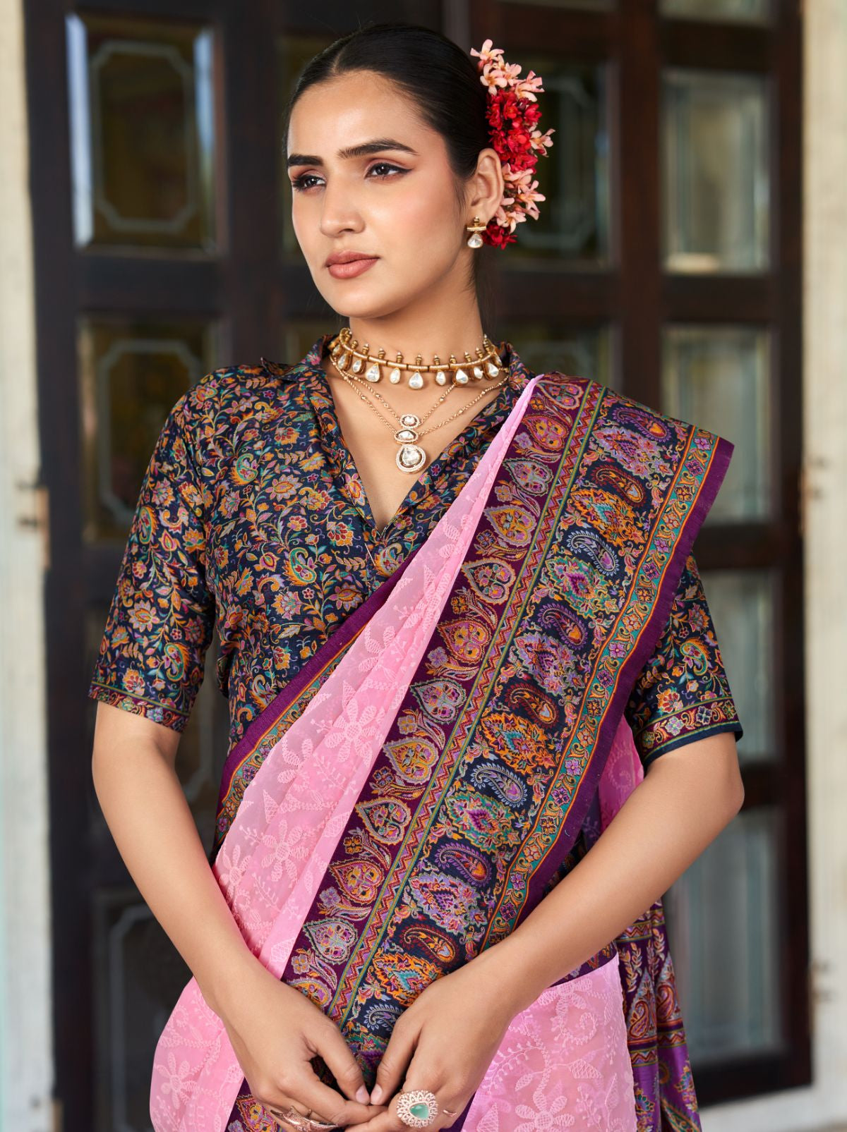 Rose Pink Premium Georgette Saree With Lucknowi Chikan Work