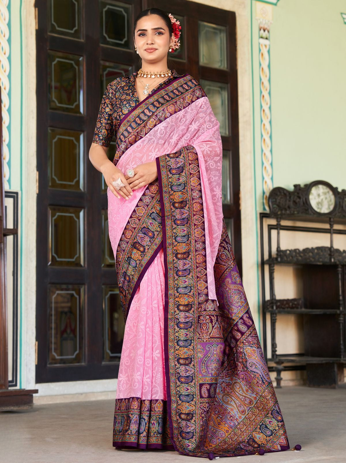 Rose Pink Premium Georgette Saree With Lucknowi Chikan Work