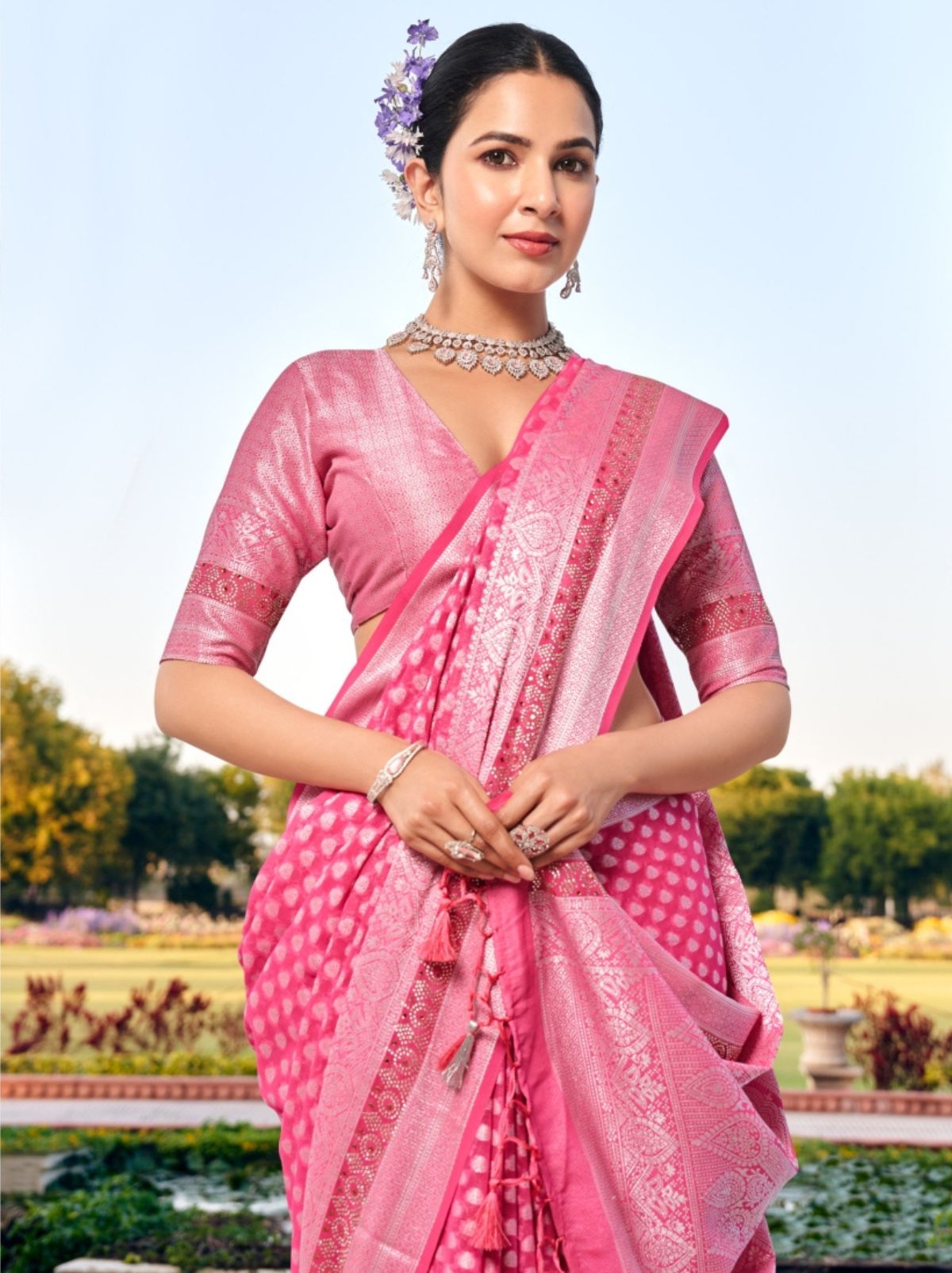 Rose Pink Premium Georgette Saree With Weaved Motifs