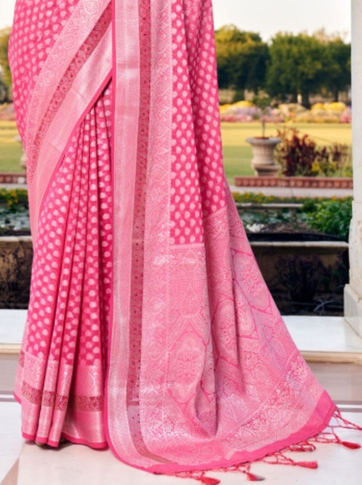 Rose Pink Premium Georgette Saree With Weaved Motifs