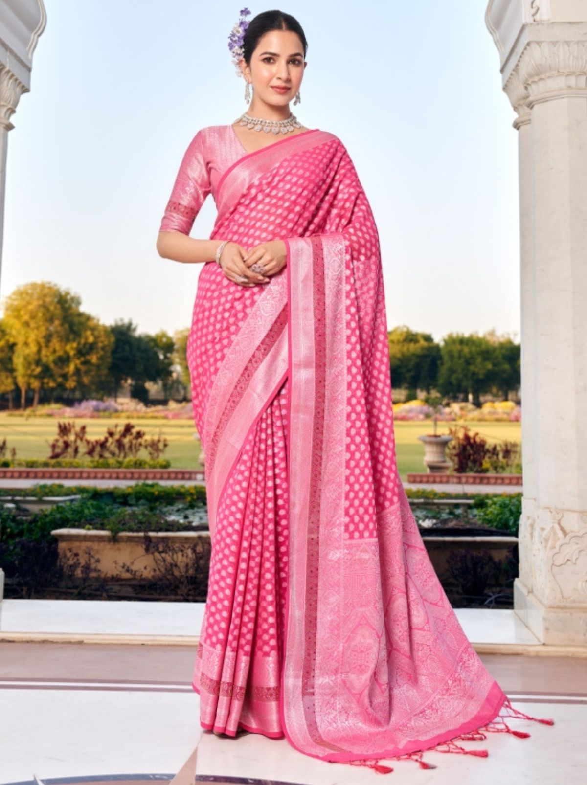 Rose Pink Premium Georgette Saree With Weaved Motifs